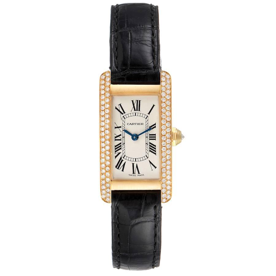 Cartier Tank Americaine Yellow Gold Diamond Ladies Watch WB701251. Quartz movement. 18K yellow gold case 19.0 x 35.0 mm. Circular grained crown set with faceted diamond. . Scratch resistant sapphire crystal. Silver dial with printed black roman