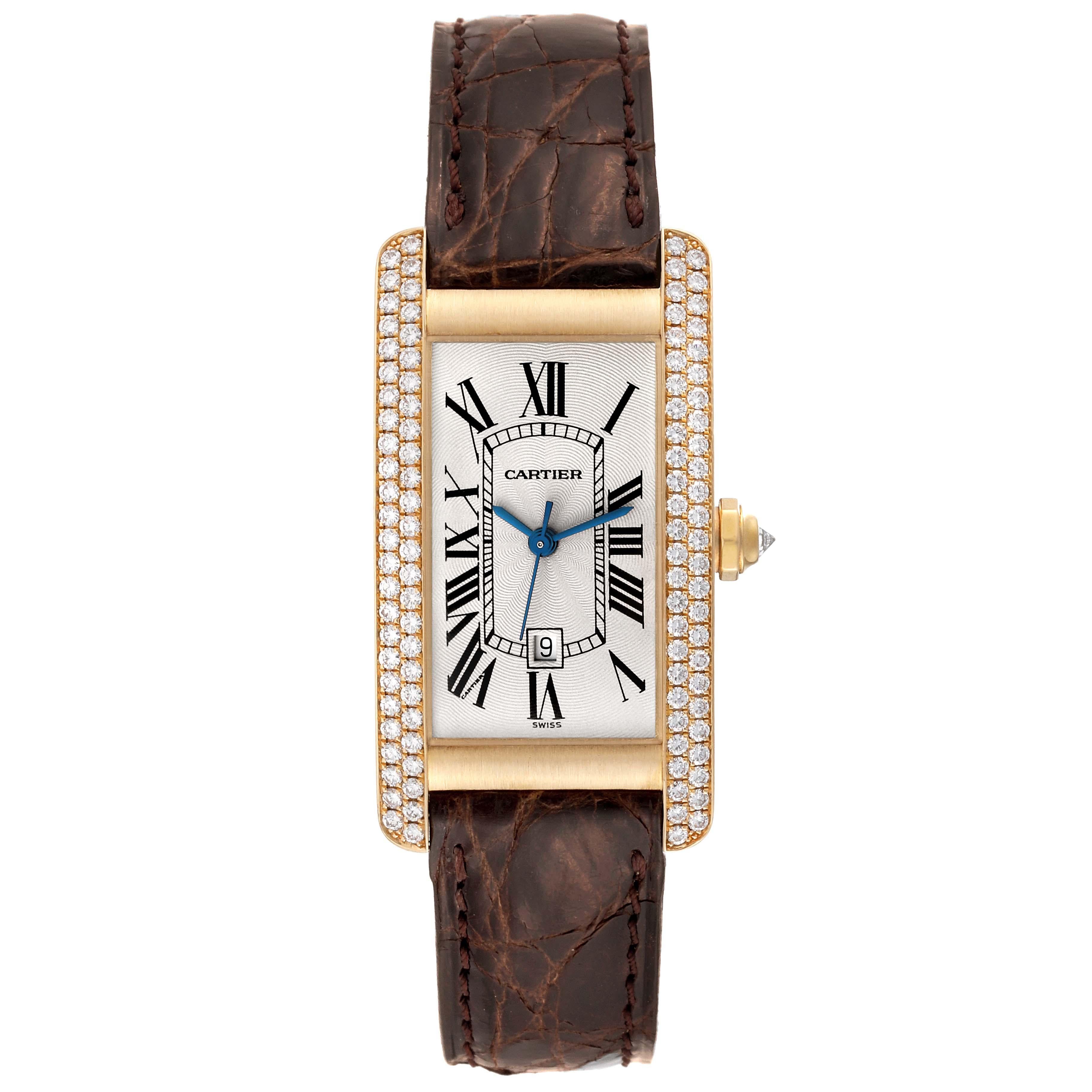 Cartier Tank Americaine Yellow Gold Diamond Ladies Watch WB7019K2. Automatic self-winding movement. 18K yellow gold case 22.5 x 41.5 mm. Circular grained crown set with an original Cartier factory diamond. Original Cartier factory two row diamond