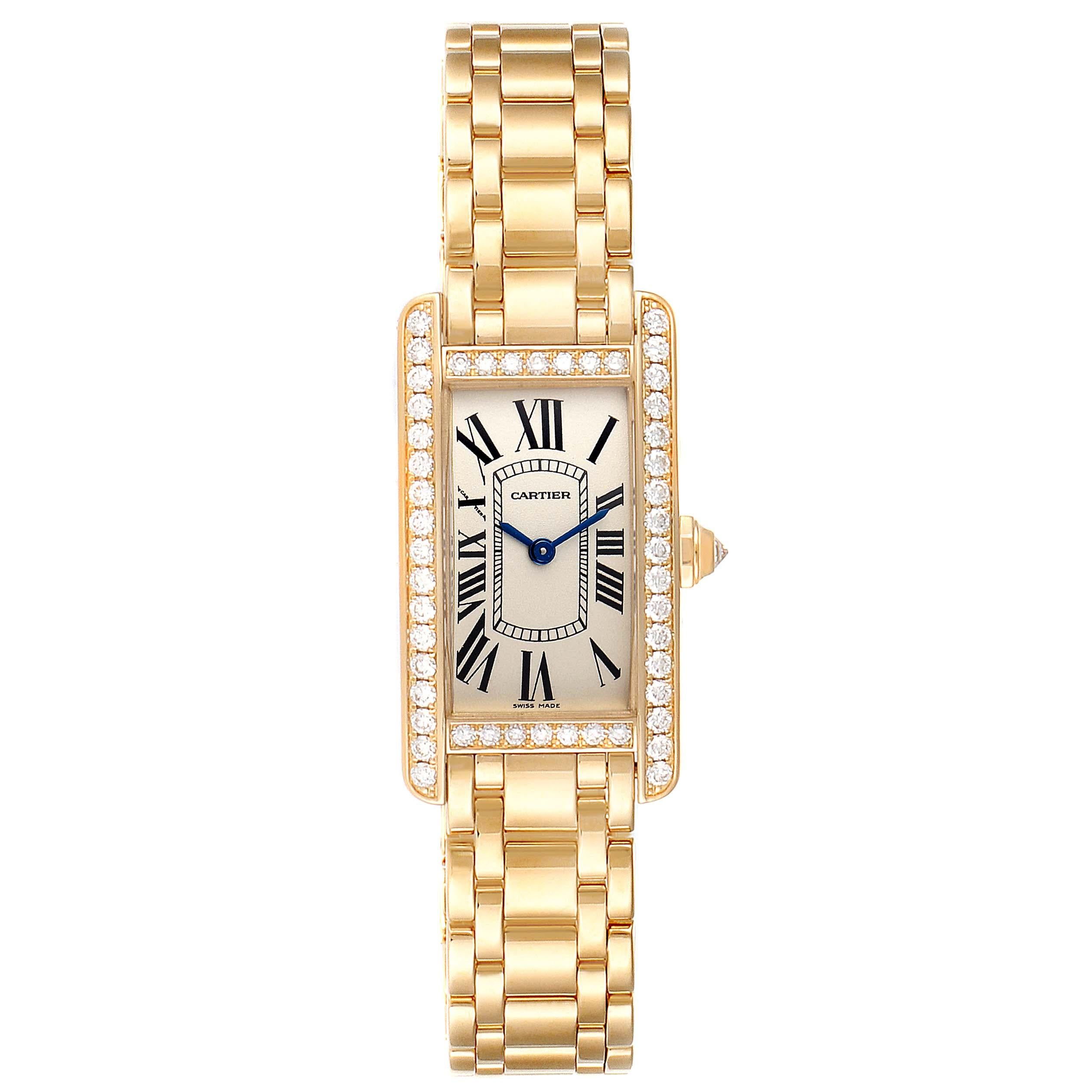 Cartier Tank Americaine Yellow Gold Diamond Ladies Watch WB7072K2 Box Papers. Quartz movement. 18K yellow gold case 19.0 x 35.0 mm. Circular grained crown set with faceted diamond. . Scratch resistant sapphire crystal. Silvered grained dial with