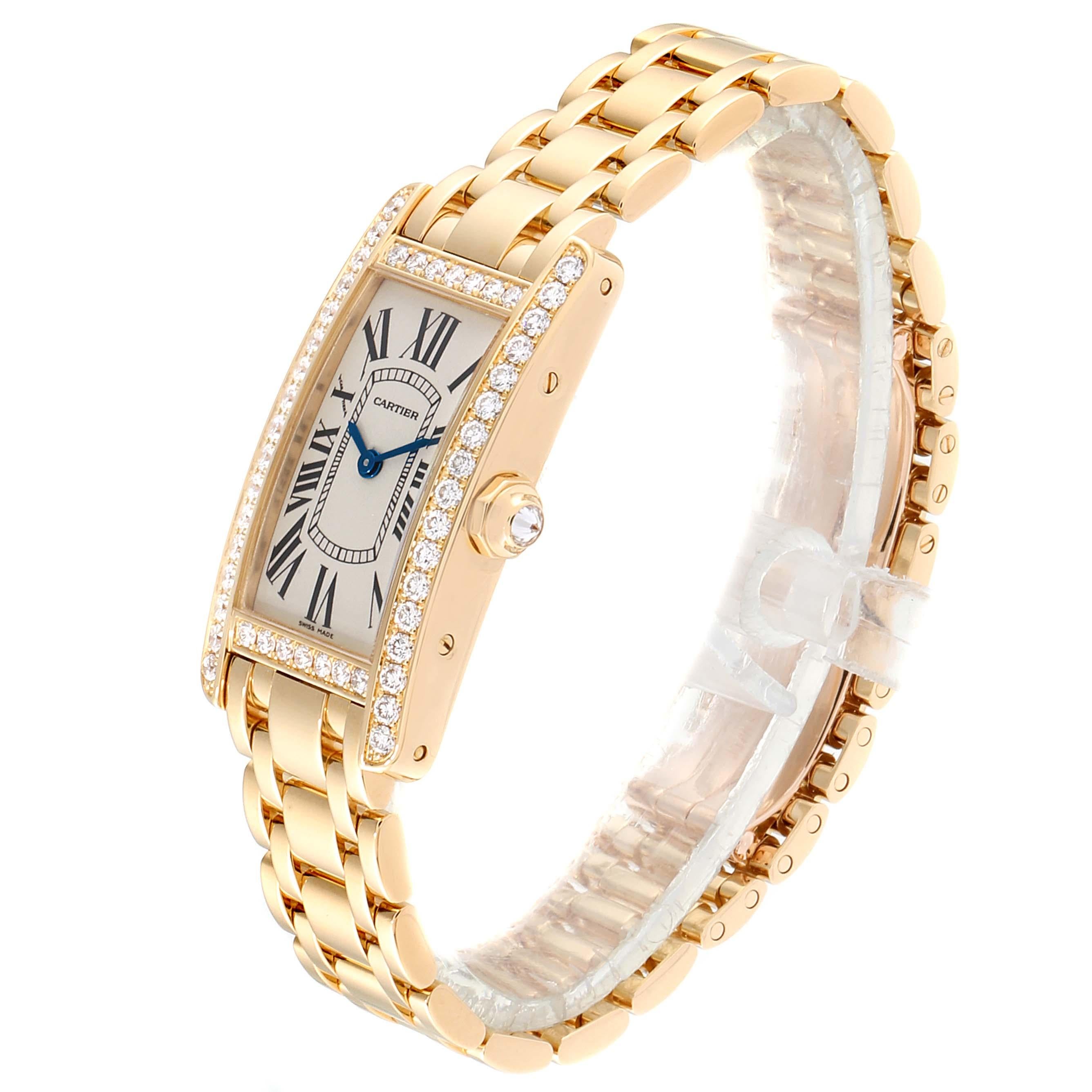 Cartier Tank Americaine Yellow Gold Diamond Ladies Watch WB7072K2 Box Papers In Excellent Condition For Sale In Atlanta, GA