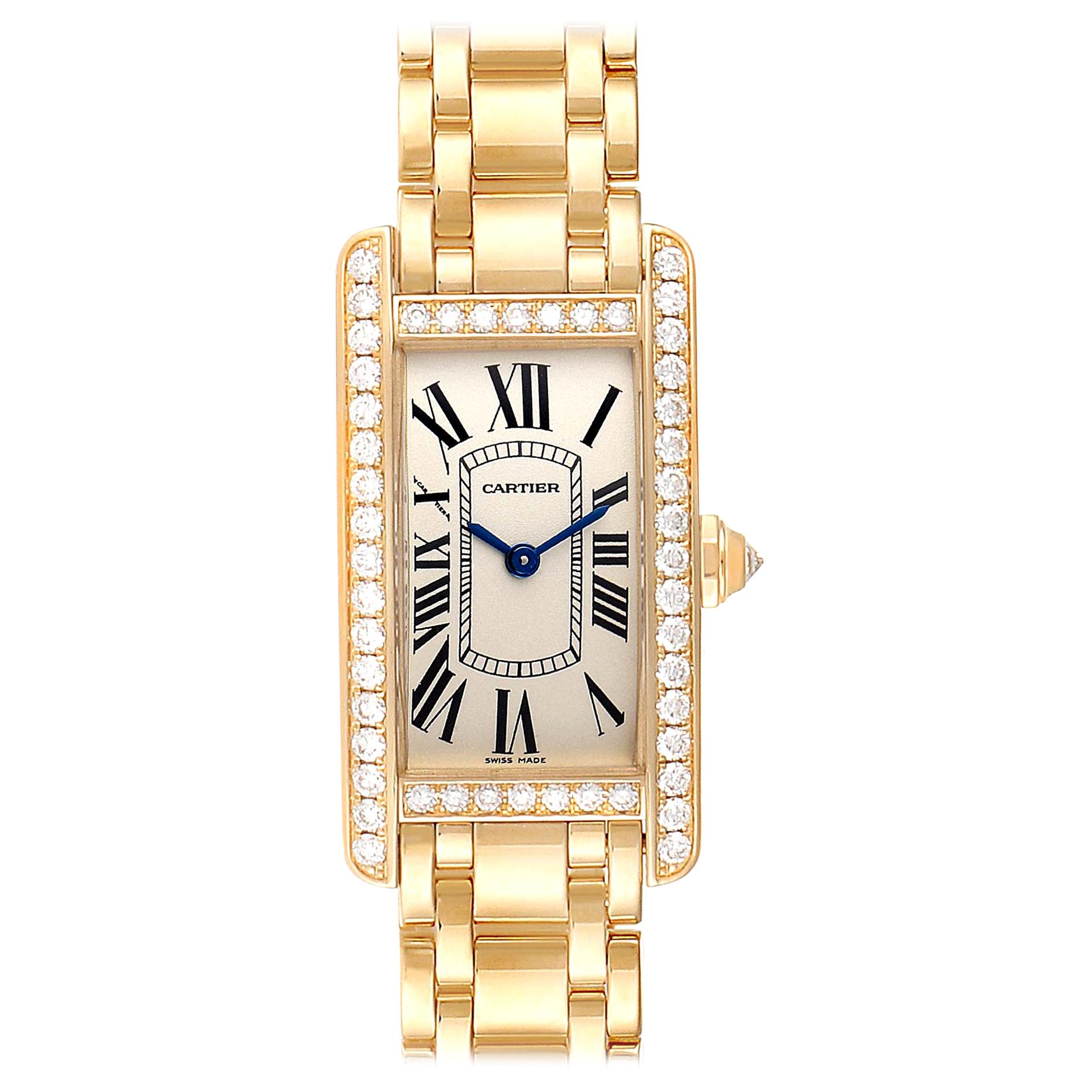 Cartier Tank Americaine Yellow Gold Diamond Ladies Watch WB7072K2 Box Papers For Sale