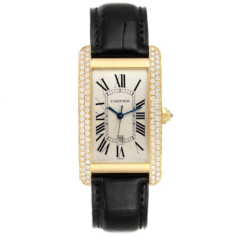 Cartier Tank Americaine Yellow Gold Diamond Mens Watch WB702051 Box Papers. Automatic self-winding movement. 18K yellow gold case 26.6 x 45.1 mm. Circular grained crown set with diamond. Original Cartier factory diamond bezel. Scratch resistant