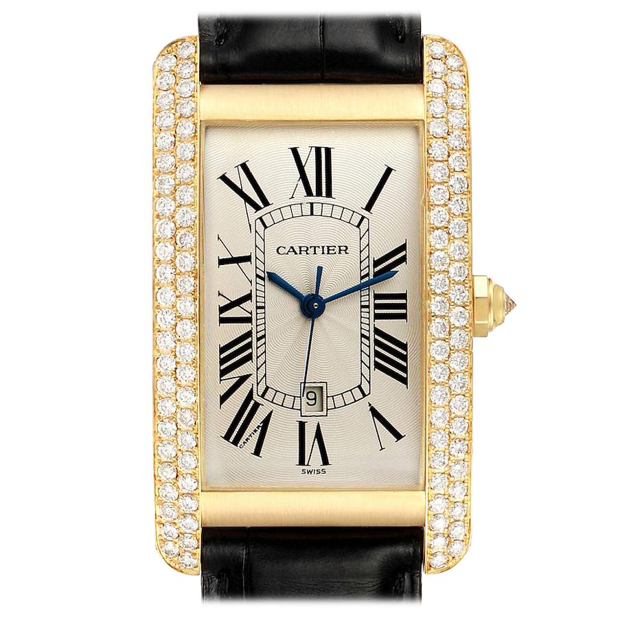 Cartier Tank Americaine Yellow Gold Diamond Men's Watch WB702051 Box Papers For Sale