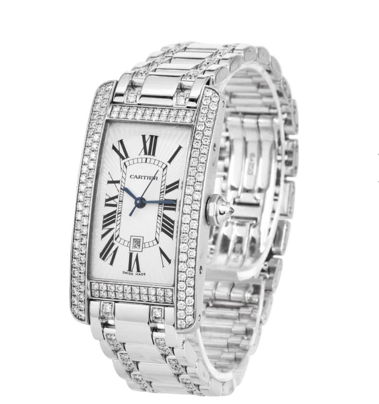 Cartier Montre Tank américaine unisexe en or 18 carats et diamants, réf. 2940 Pour femmes en vente