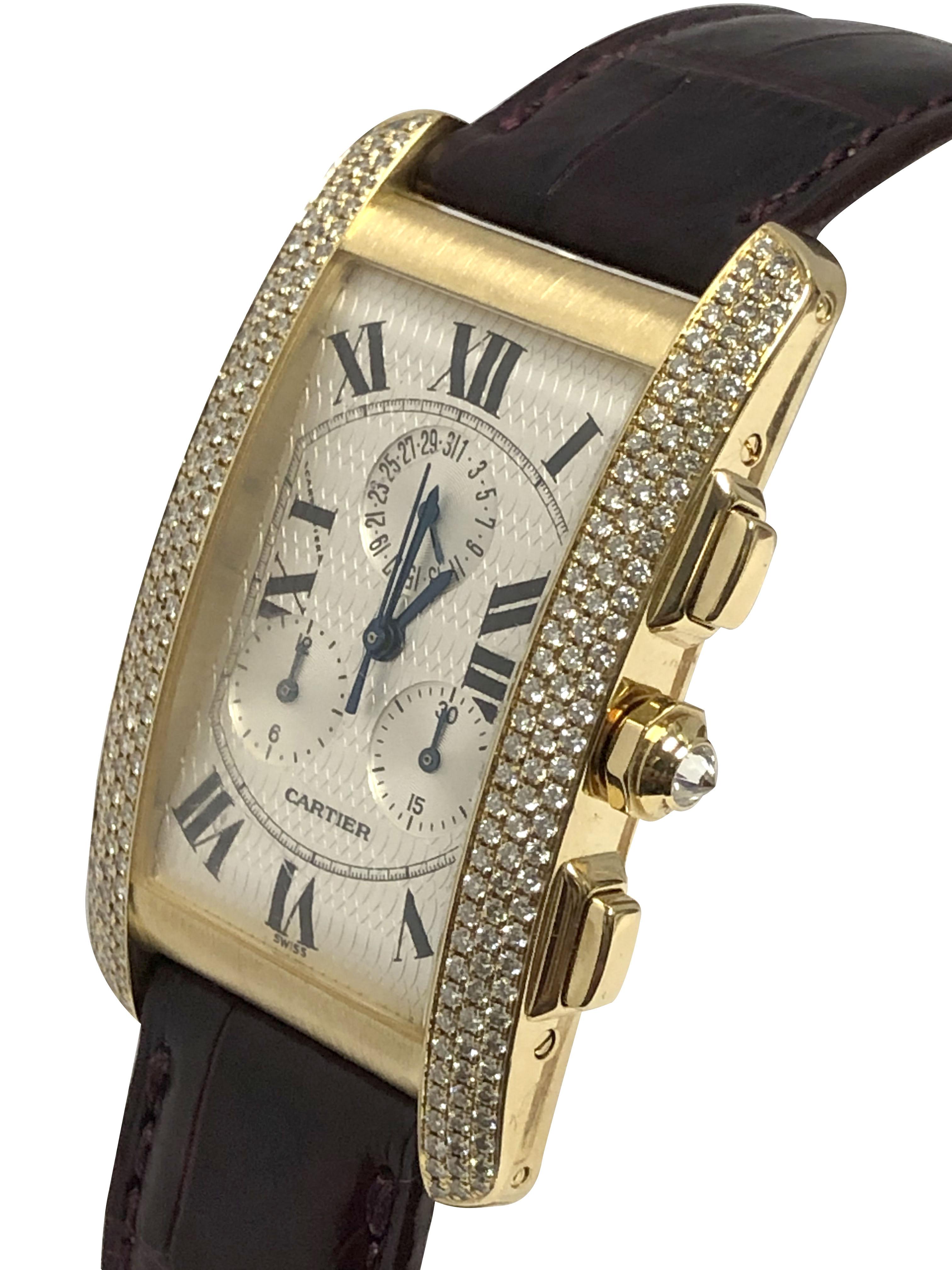 Circa 2000 Cartier Tank American ( Americaine ) Reference 1730 2 Register Chronograph Wrist Watch, 35 X 26 M.M. 18k Yellow Gold 2 piece water resistant case with 3 rows of fine white Round Brilliant cut Diamonds totaling 2 carats. Quartz movement,