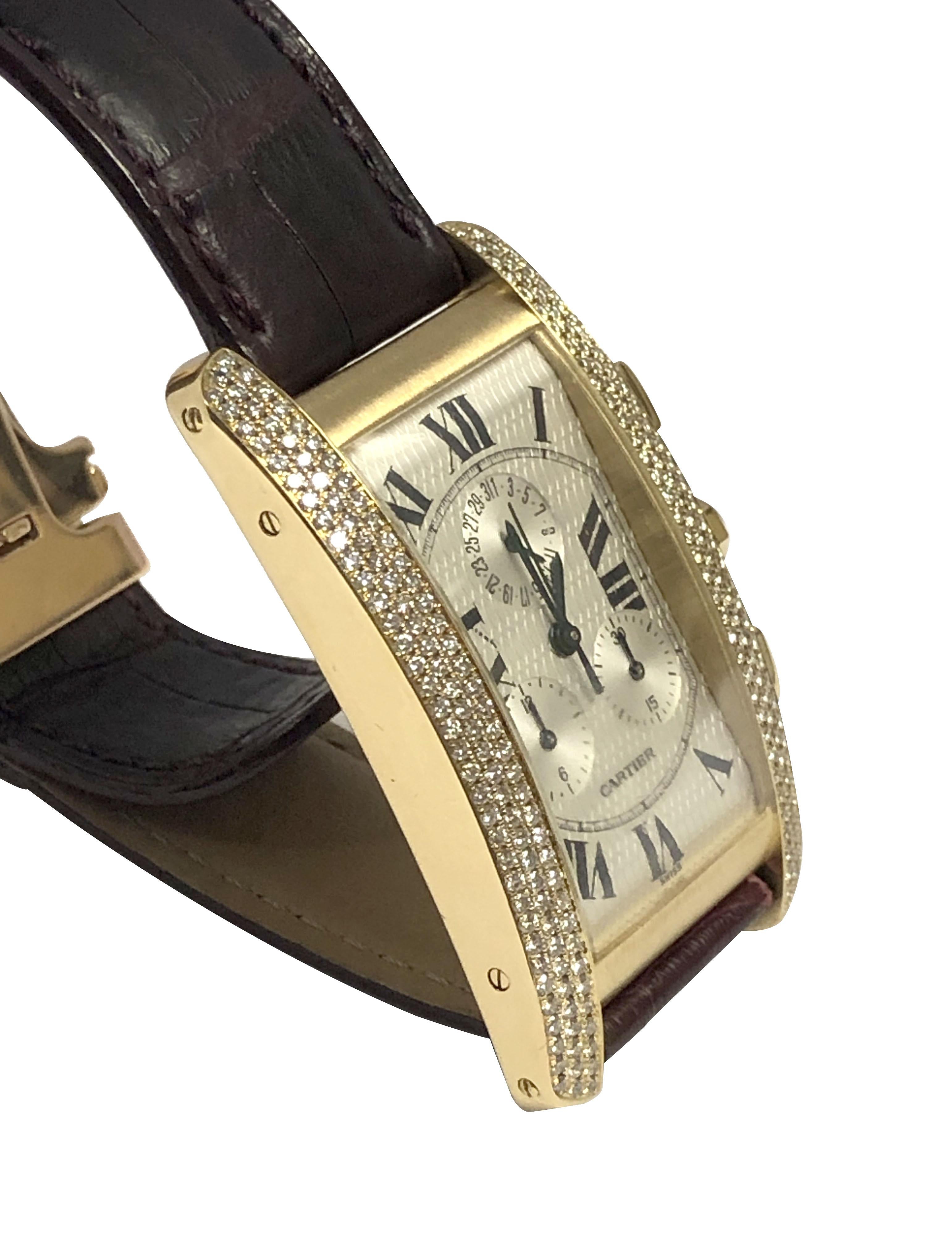 Cartier Tank American Yellow Gold and Diamond Pave Chronograph Wrist watch In Excellent Condition For Sale In Chicago, IL