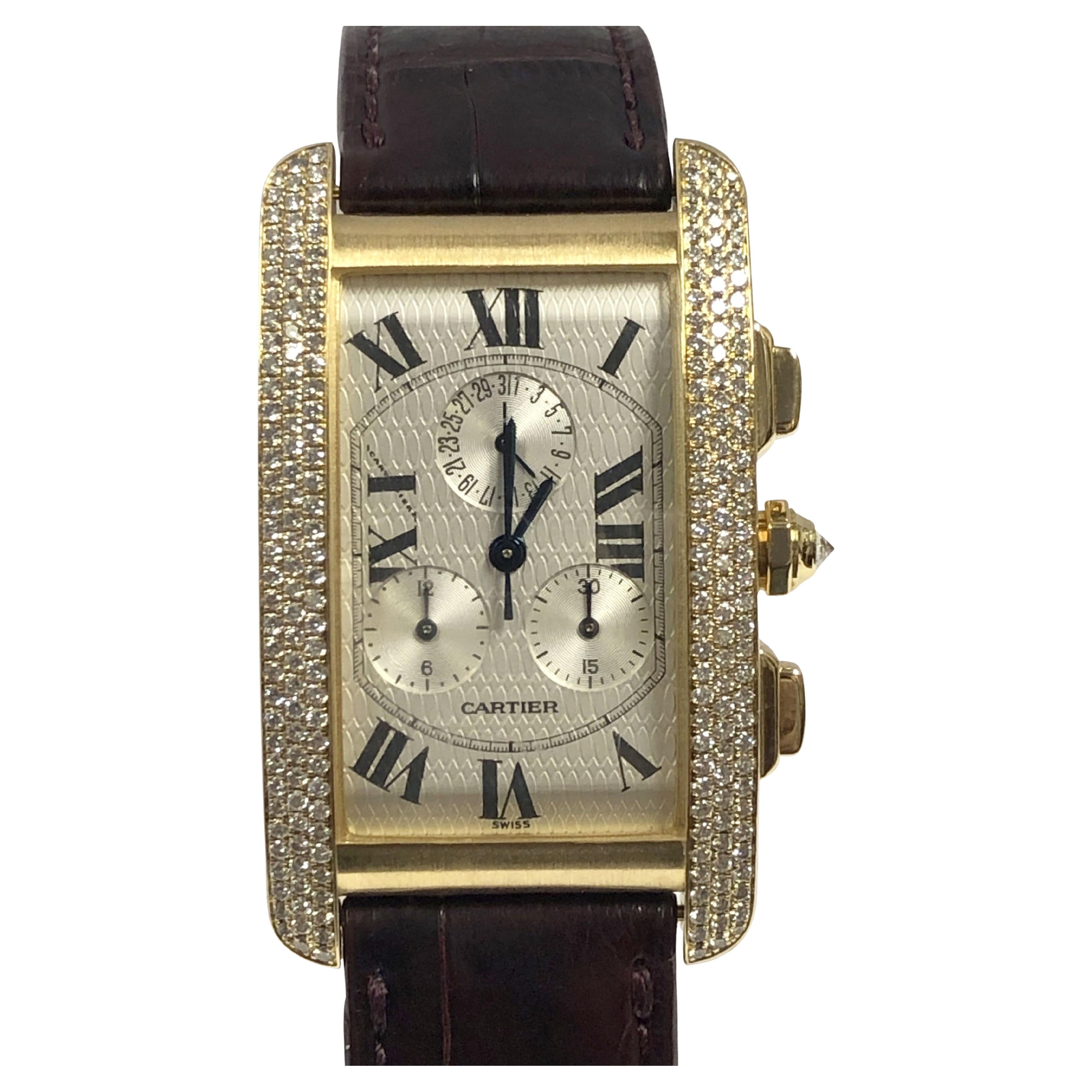 Cartier Montre-bracelet Tank américaine chronographe en or jaune et diamants pavés