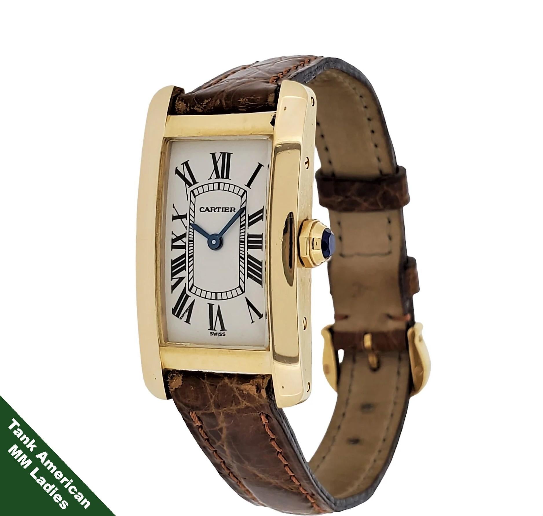 Introduction:
Cartier American Tank, MM Ladies 18K yellow gold watch measuring 20 x 35mm.  The watch if fitted with a quartz movement, and is accompanied with its original Cartier  light brown Croco strap and Cartier 18K gold buckle.  The watch has