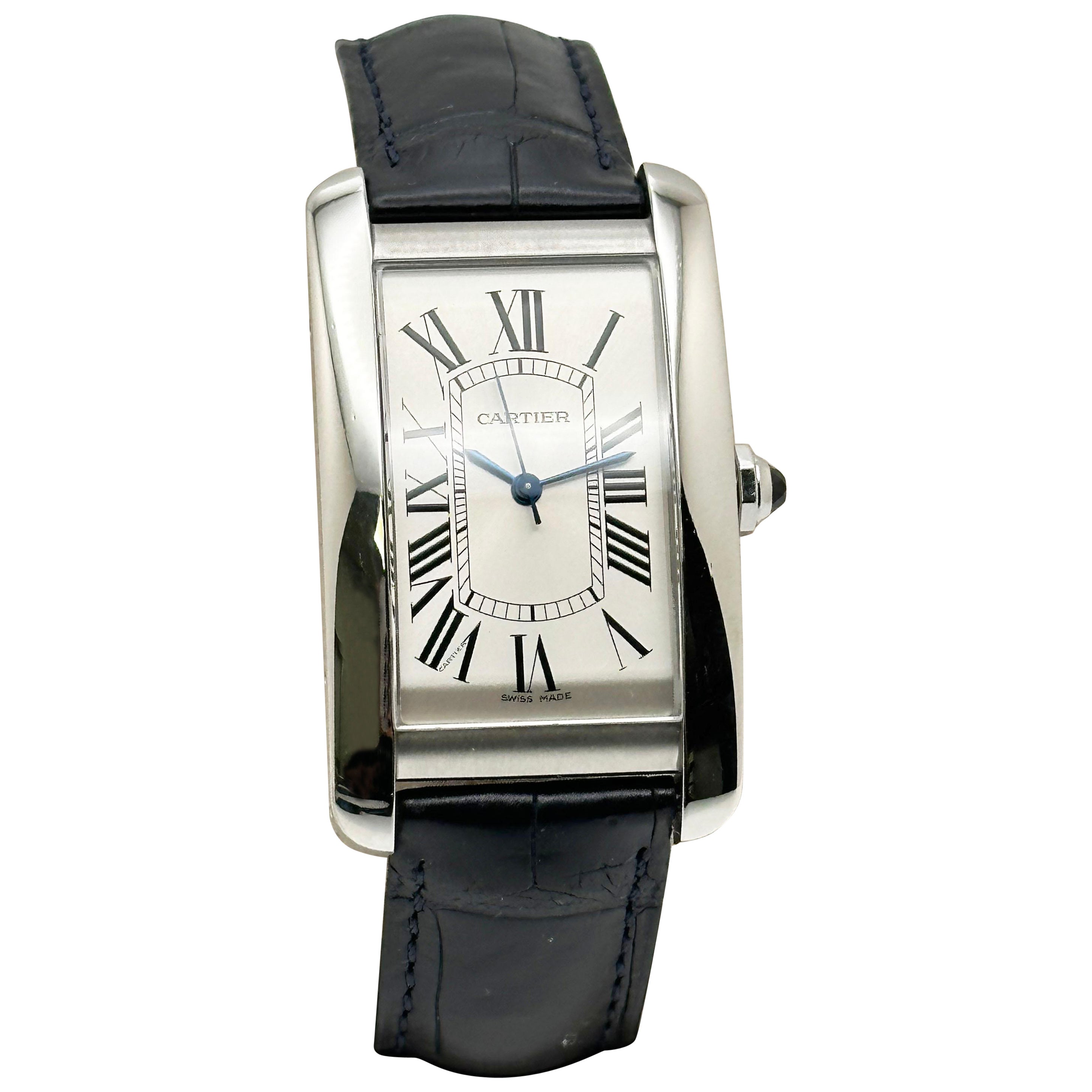 Cartier Tank Americane Ref 3972 Acero inoxidable Correa de piel Caja Folleto