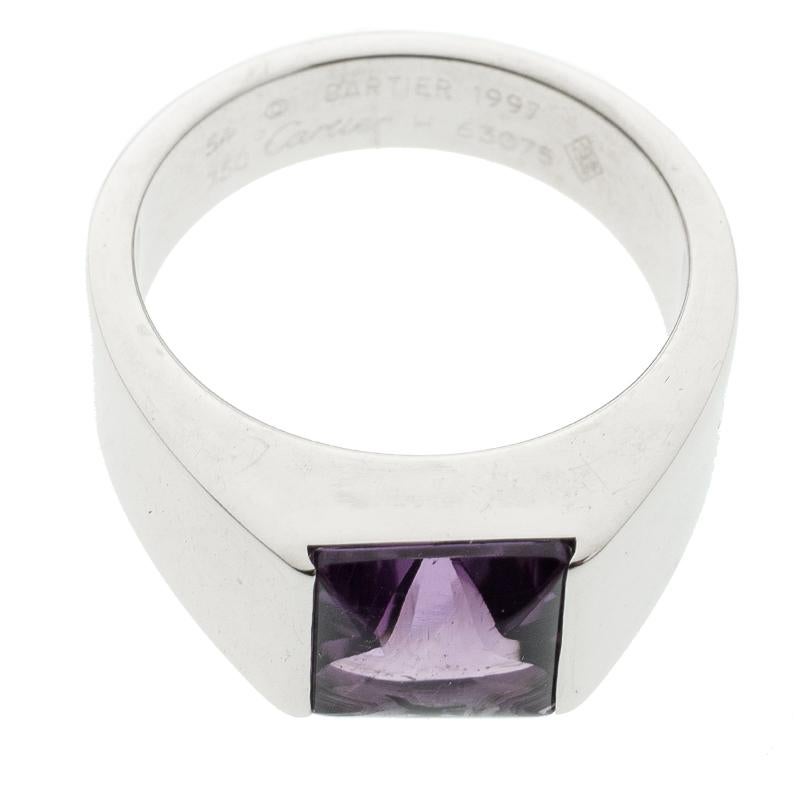 Contemporary Cartier Tank Amethyst 18K White Gold Ring Size 54