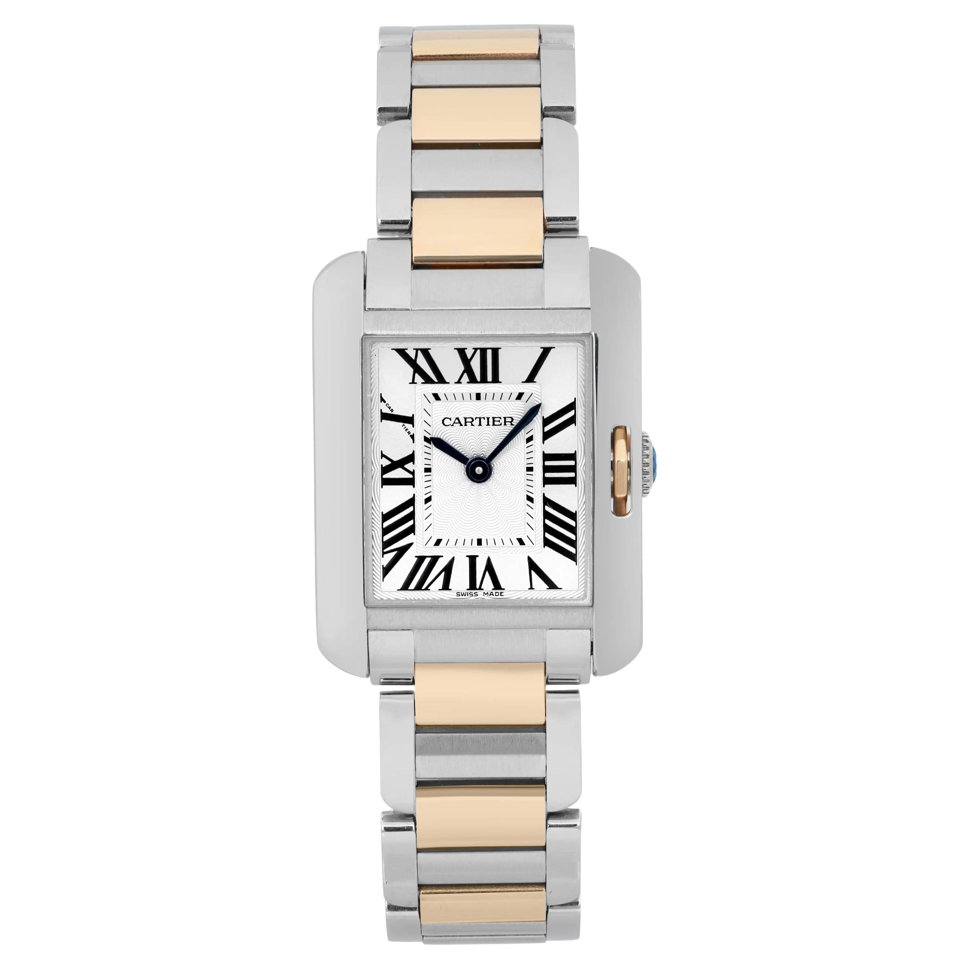 Cartier Tank Anglaise 18K Yellow Gold Steel Silver DIal Ladies Watch 3485
