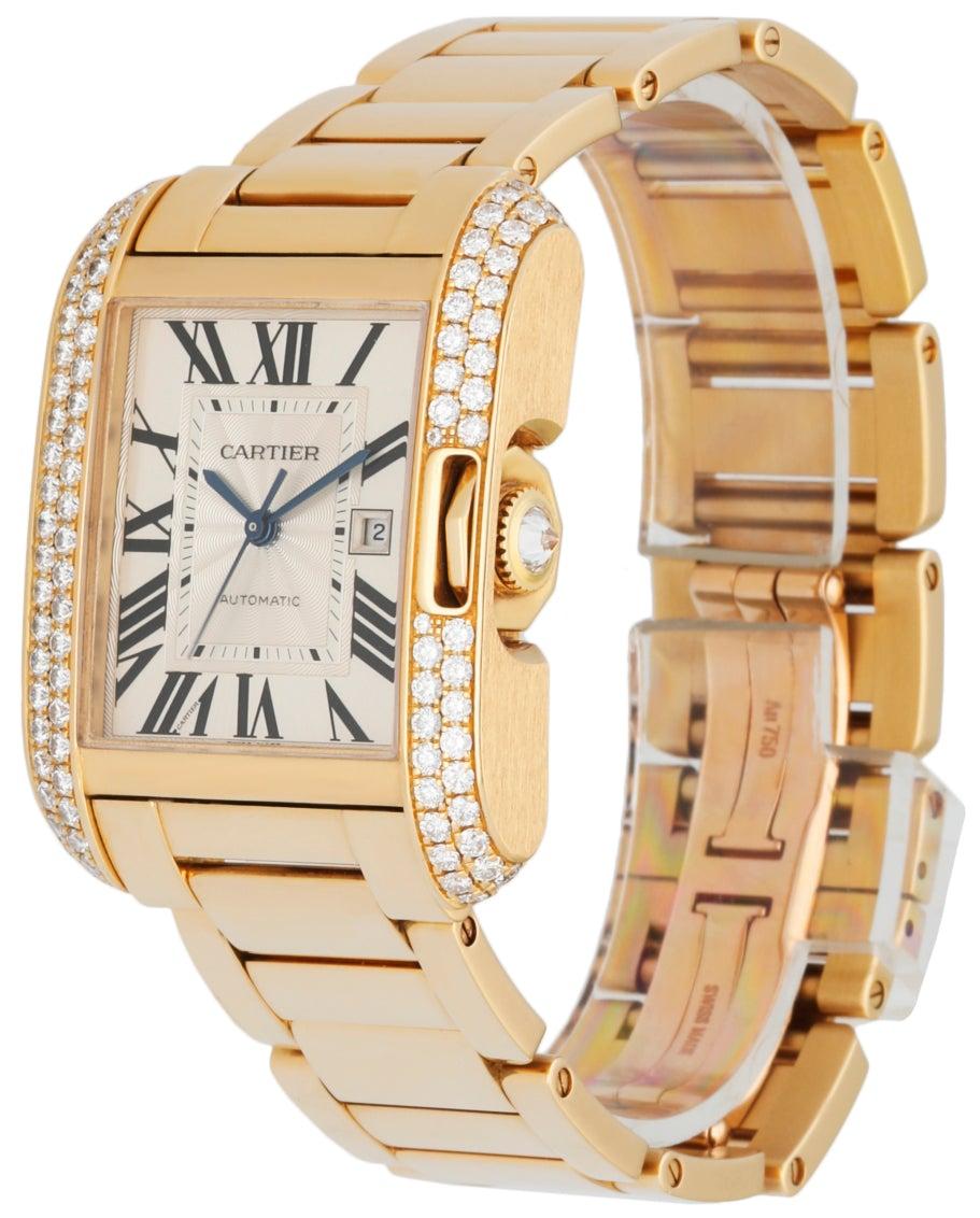 
Cartier Tank Anglaise 3509 Ladies Midsize Watch. 30MM 18K yellow gold case. 18K yellow gold bezel with factory diamond set. Silver dial with blue hands and black Roman numeral hour marker. Date display at 3 o'clock position. 18K Yellow