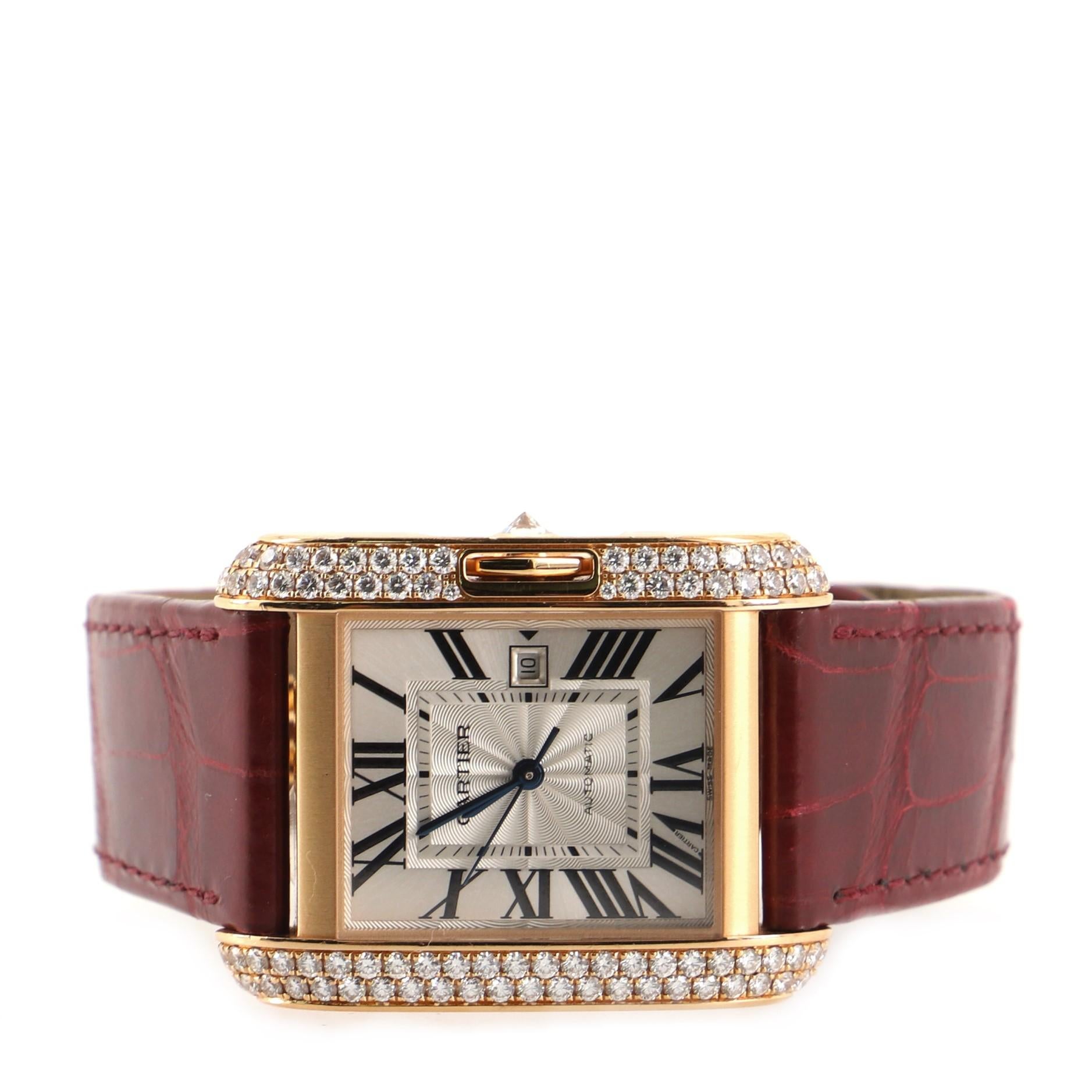 Cartier Tank Anglaise Automatic Watch Rose Gold and Alligator with Diamonds 30 In Good Condition In New York, NY
