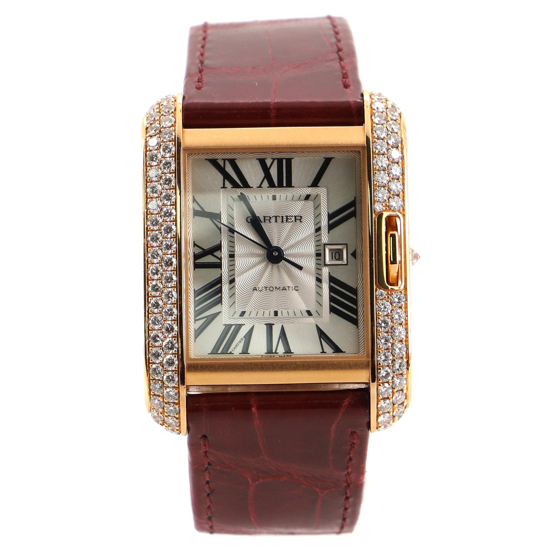 Cartier Tank Anglaise Automatic Watch Rose Gold and Alligator with Diamonds 30