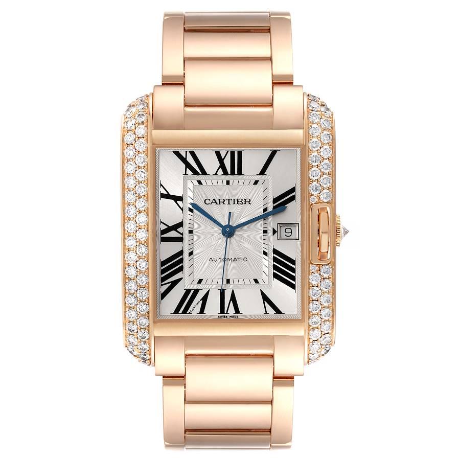 Cartier Tank Anglaise große 18K Rose Gold Diamond Watch WT100004 Box Papiere. Automatisches Uhrwerk mit automatischem Aufzug. Rechteckiges Gehäuse aus 18 Karat Roségold, 47 x 36,2 mm. Kreisförmige, gekörnte Krone mit Diamantbesatz. 18K Rose Gold 2