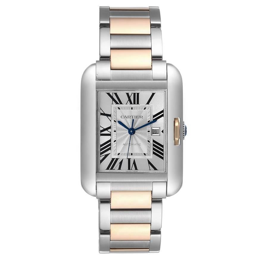 Cartier Tank Anglaise große Stahl 18K Rose Gold Herrenuhr W5310007 Box Papiere. Automatisches Uhrwerk mit Selbstaufzug. Rechteckiges Gehäuse aus Edelstahl und 18 Karat Roségold, 39,2 mm x 29,8 mm. Gehäusedicke: 9.5 mm. Die Krone ist mit facettiertem