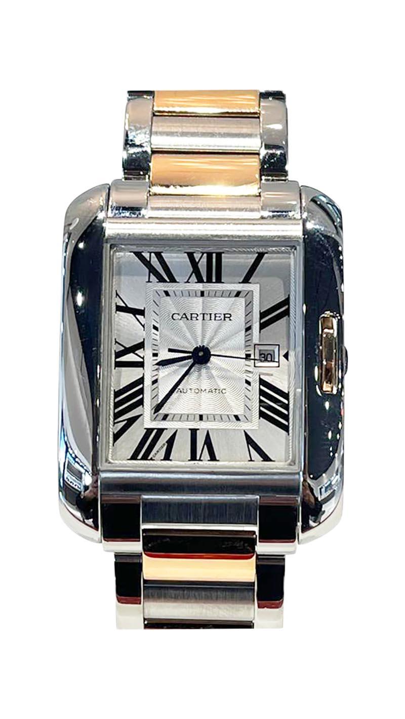 Brand: Cartier

Model: Tank Anglaise 

Movement: Automatic 

Case Size: 39 x 30mm

Stone: Blue Spinel crown

Dial: Roman Numeral

Case Material: Stainless steel 

Bracelet Material: Stainless steel and 18K Rose Gold

Crystal: Scratch-Resistant