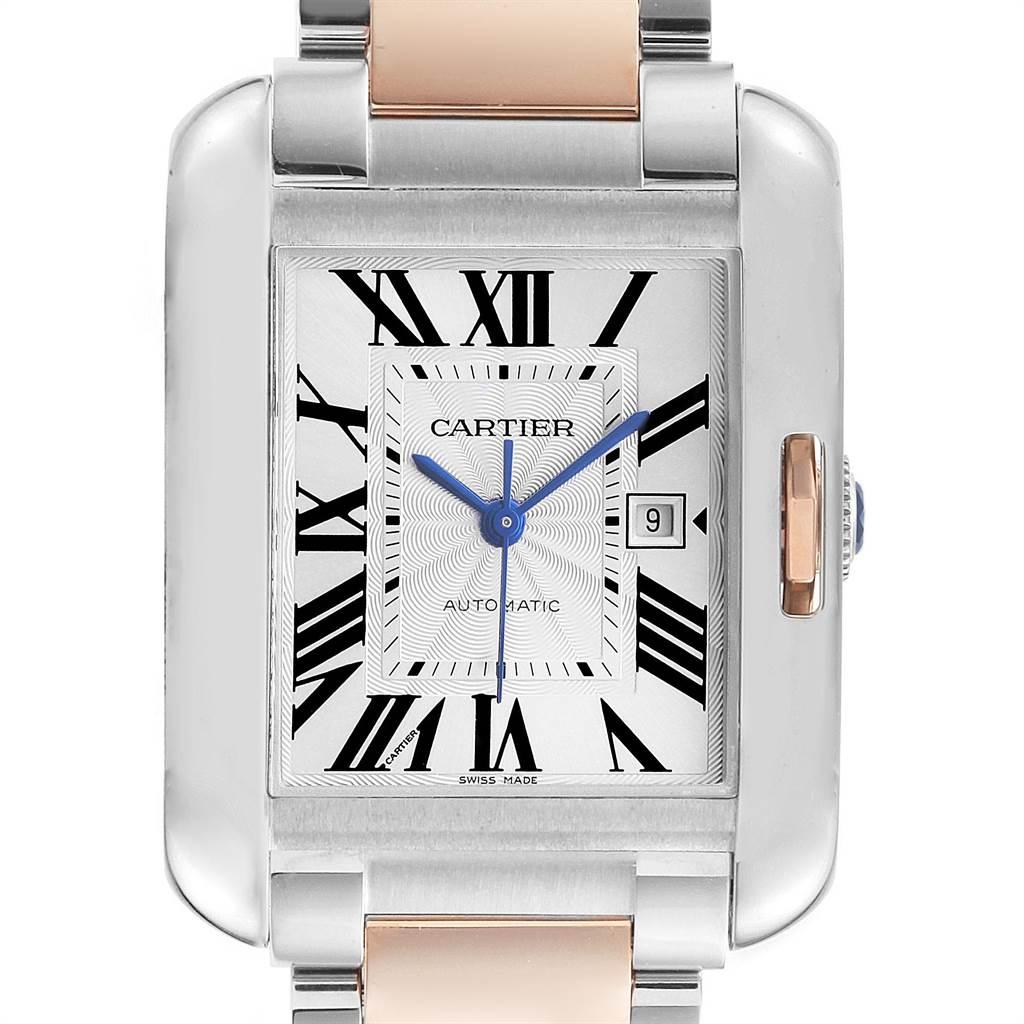 Cartier Tank Anglaise Large Steel 18K Rose Gold Watch W5310007 Box. Automatic self-winding movement. Stainless steel and 18K rose gold rectangle case 39.2 mm x 29.8 mm. Case thickness: 9.5 mm. Crown set with the faceted blue spinel. Scratch