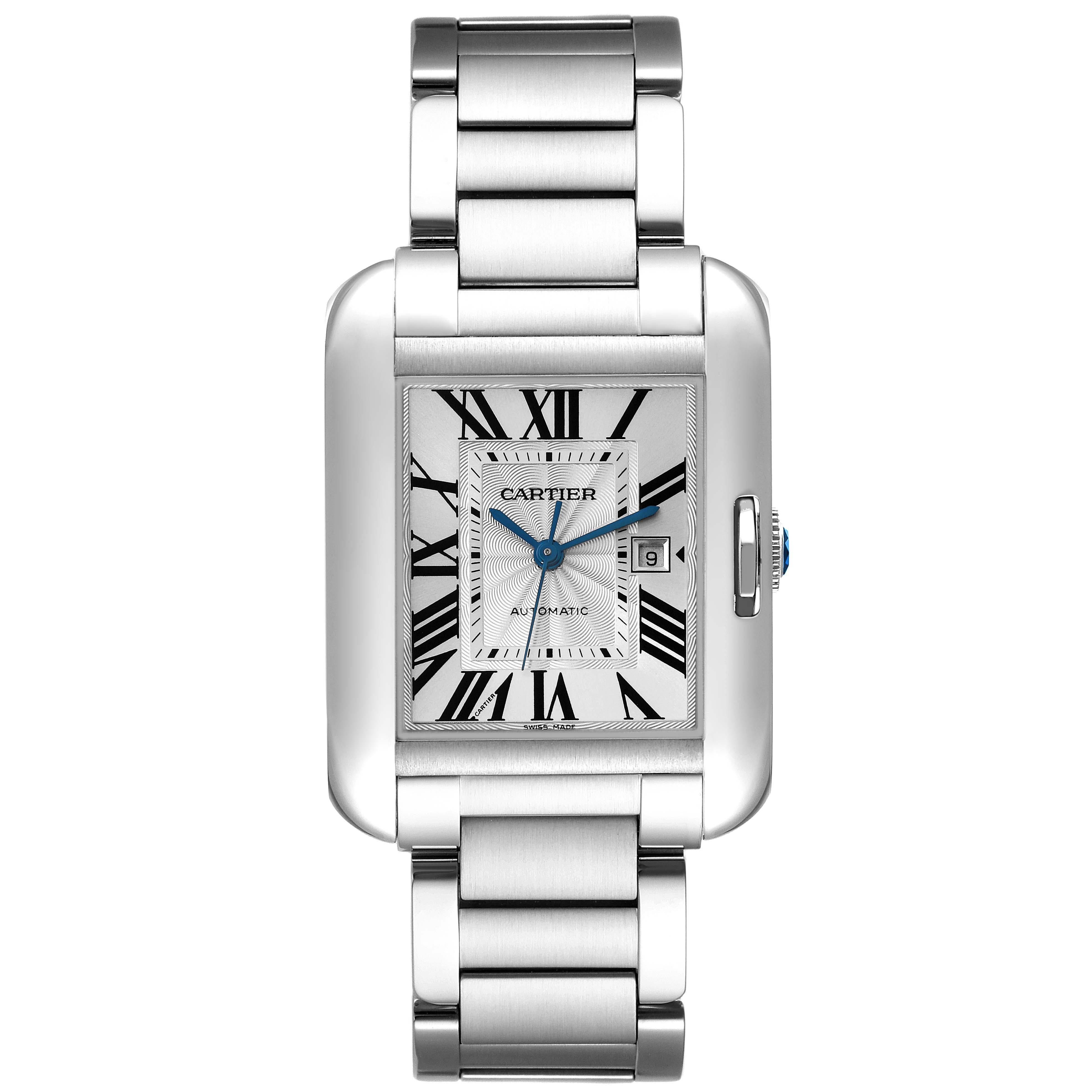 Cartier Tank Anglaise Large Steel Automatic Mens Watch W5310009. Automatic self-winding movement. Stainless steel rectangle case 39.2 mm x 29.8 mm. Case thickness: 9.5 mm. Crown set with a faceted blue spinel. . Scratch resistant sapphire crystal.