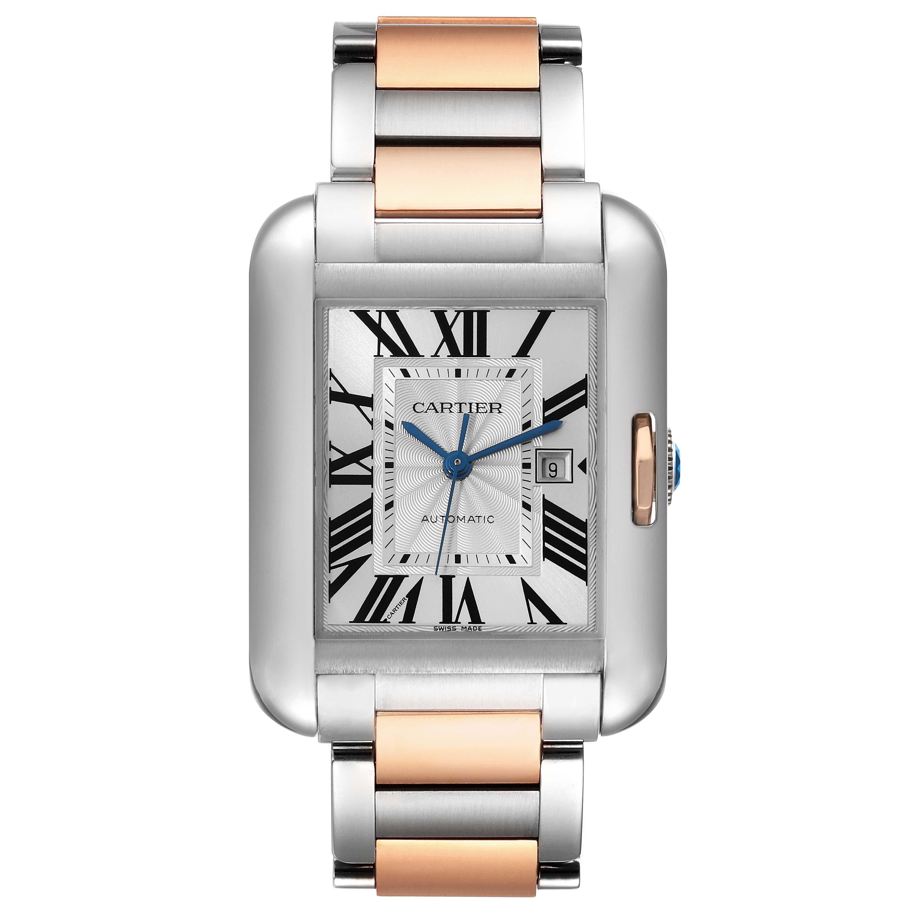 Cartier Tank Anglaise Large Steel Rose Gold Mens Watch W5310037. Automatic self-winding movement. Stainless steel and 18K rose gold rectangle case 39.2 mm x 29.8 mm. Case thickness: 9.5 mm. Crown set with a faceted blue spinel. . Scratch resistant