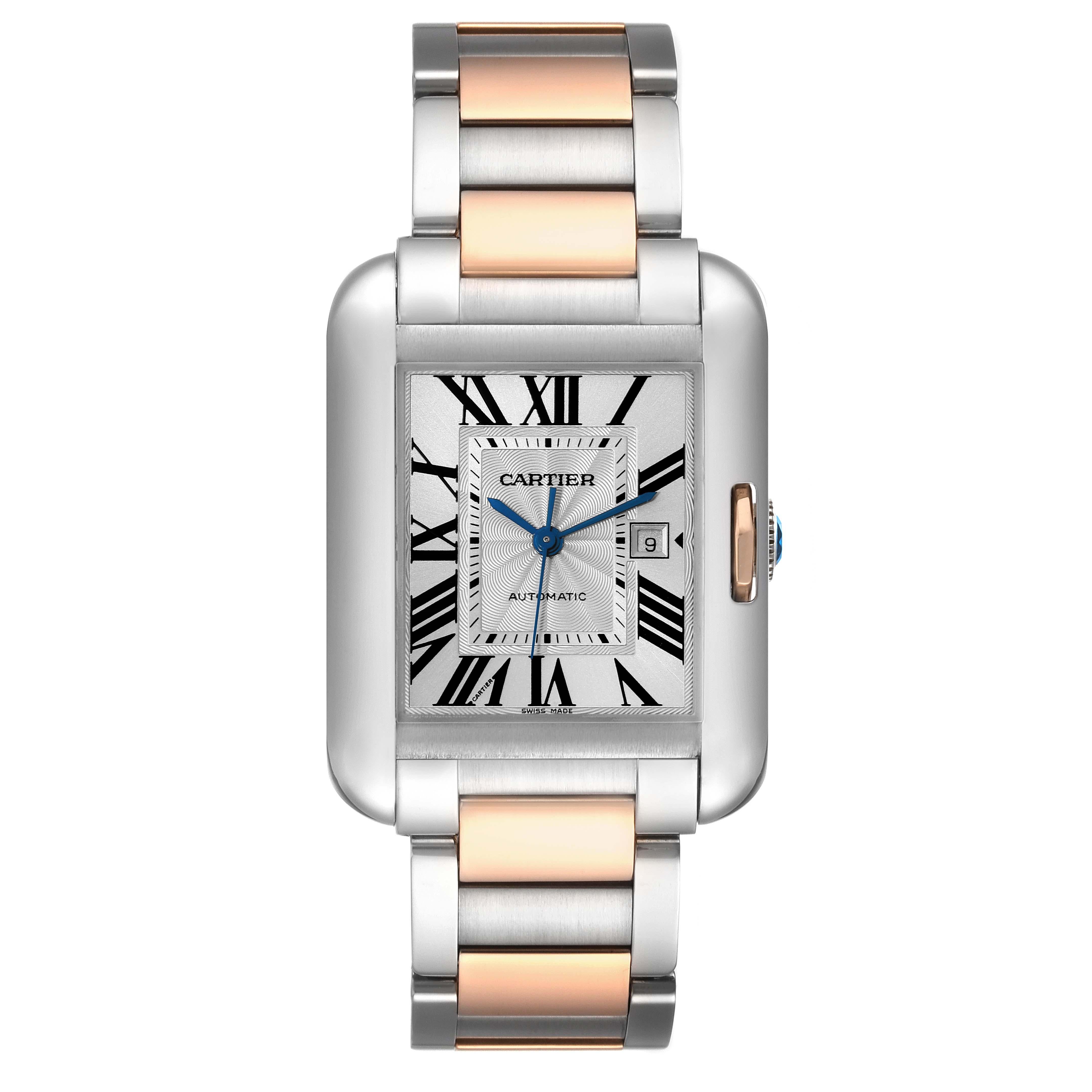 Cartier Tank Anglaise Large Steel Rose Gold Mens Watch W5310037 Papers. Automatic self-winding movement. Stainless steel and 18K rose gold rectangle case 39.2 mm x 29.8 mm. Case thickness: 9.5 mm. Crown set with a faceted blue spinel. . Scratch