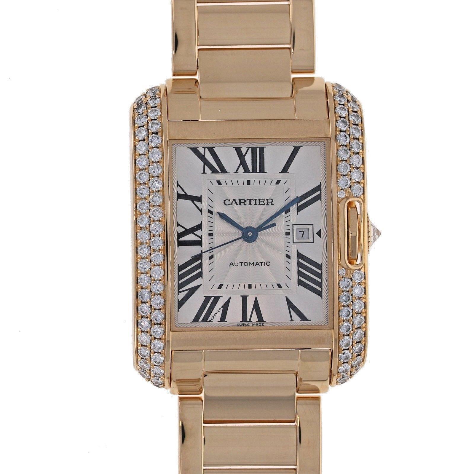 Brand Name  Cartier 
Style Number  WT100006 
Series  Tank Anglaise 
Gender  Lady's 
Case Material  18K Yellow Gold w/ Diamonds 
Dial Color  Silvered and lacquered flinque w/ black Roman numerals 
Movement  Automatic 
Functions  Hours, Minutes,