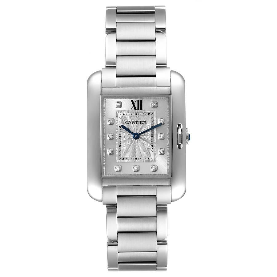 Cartier Tank Anglaise Medium Steel Diamond Ladies Watch W4TA0004 Unworn. Quartz movement. Stainless steel case 34.7 x 26.2 mm. Circular grained crown set with the blue spinel cabochon. . Scratch resistant sapphire crystal. Flinque and silvered dial