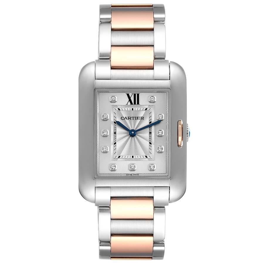 Cartier Tank Anglaise Medium Steel Rose Gold Diamond Ladies Watch WT100032. Quartz movement. Stainless steel and 18K rose gold case 34.7 x 26.2 mm. Circular grained crown set with the blue spinel. . Scratch resistant sapphire crystal. Flinque and