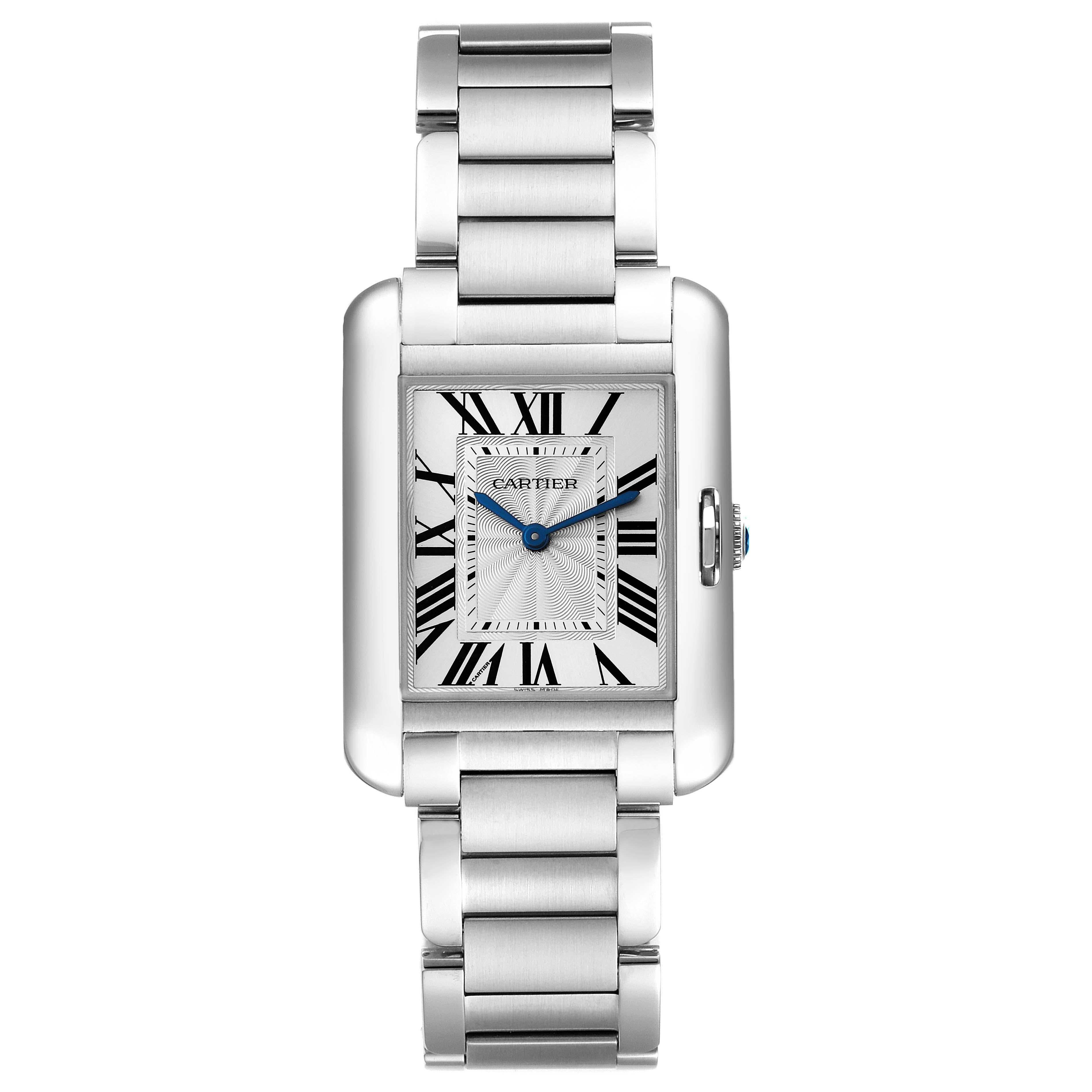 Cartier Tank Anglaise Midsize Steel Ladies Watch W5310044 Box Card. Quartz movement. Stainless steel case 30.2 x 22.7 mm. Circular grained crown set with the blue spinel cabochon. . Scratch resistant sapphire crystal. Flinque and silvered dial with