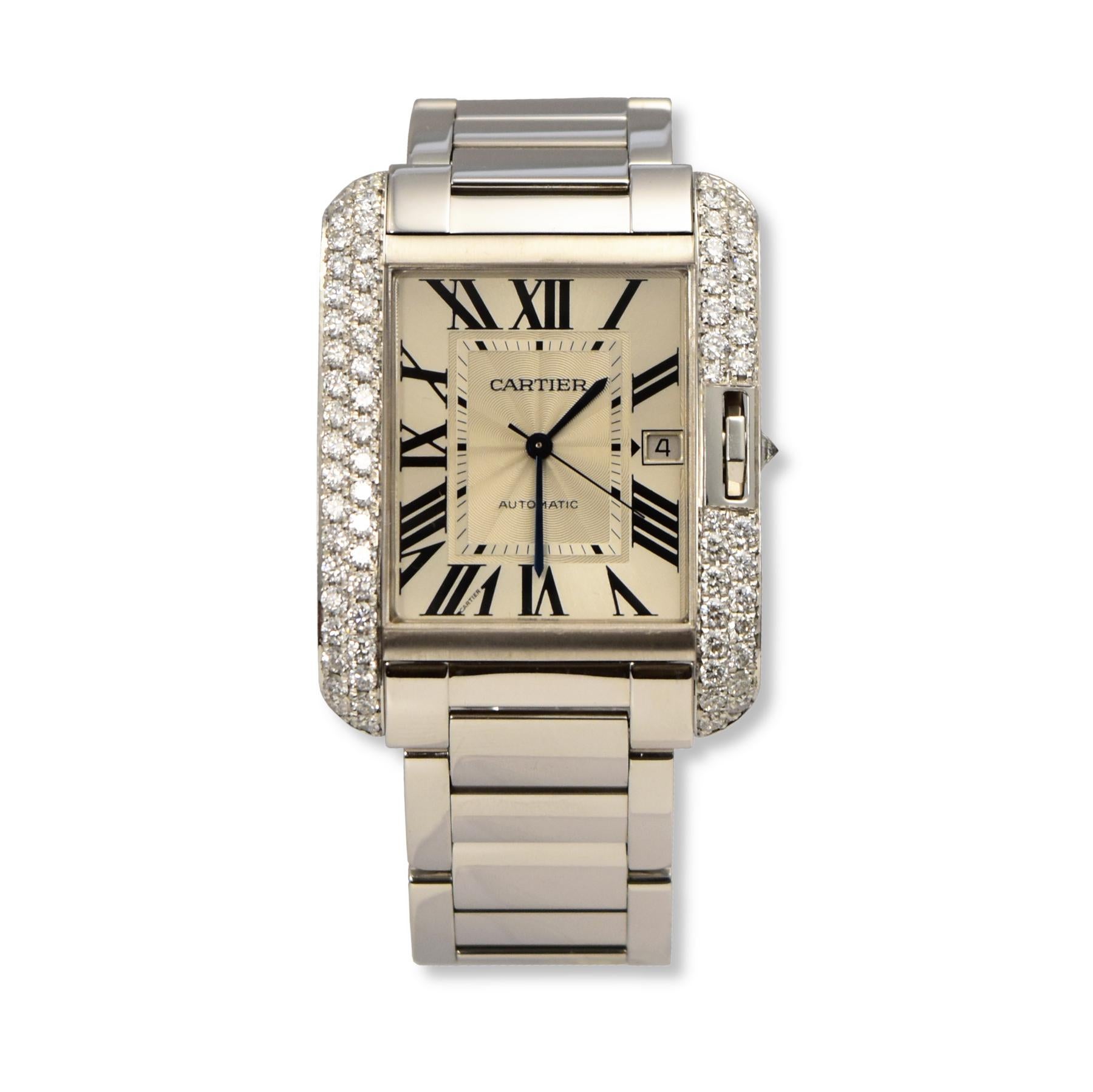 Brand: Cartier
Model: Tank Anglaise 
Movement: Automatic 
Case Size: 37 x 47 mm
Stone: Round Cut Diamonds
Dial: Roman Numeral
Case Material: White Gold
Bracelet Material: White Gold
Crystal: Scratch-Resistant Sapphire Glass
Includes: 24 Month