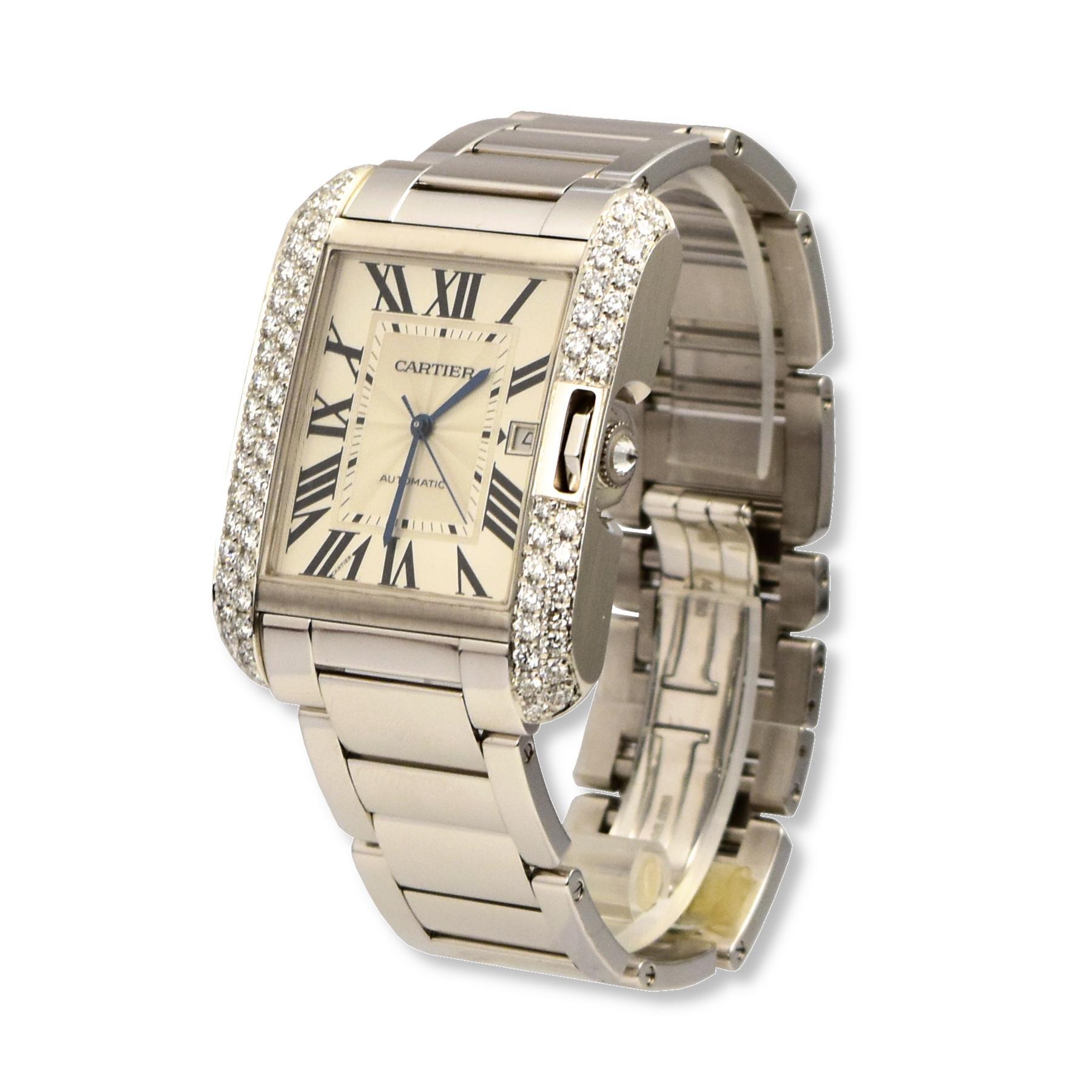 Brand: Cartier
Model: Tank Anglaise 
Model Number: 3506
Movement: Automatic 
Case Size: 37 x 47 mm
Stones: Diamonds -  diamonds that were added after purchase.
Dial: Roman Numerals
Case Material: White Gold
Bracelet Material: White Gold
Crystal: