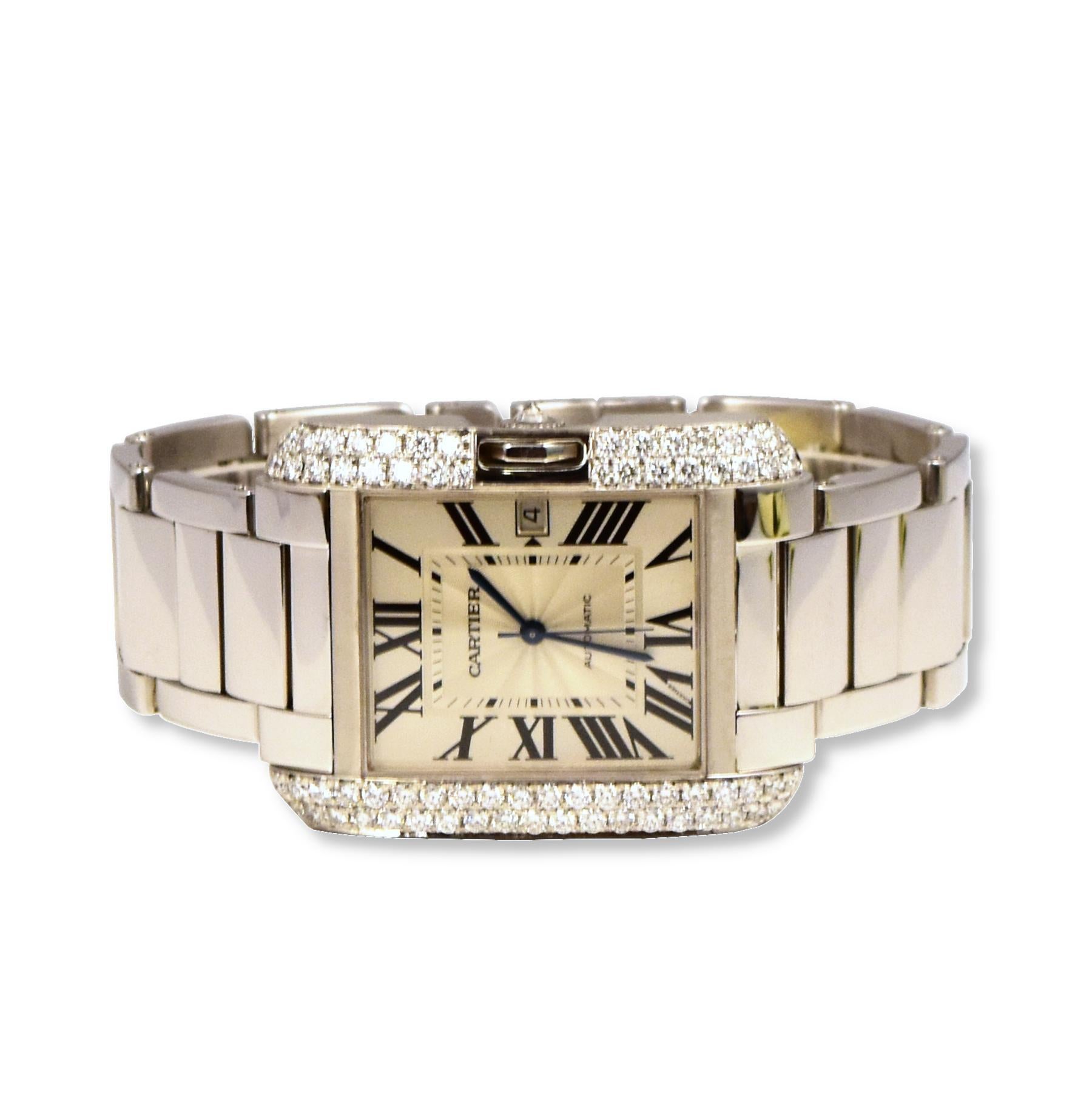 Round Cut Cartier Tank Anglaise Ref. 3506 18k White Gold Diamond Bezel Watch For Sale