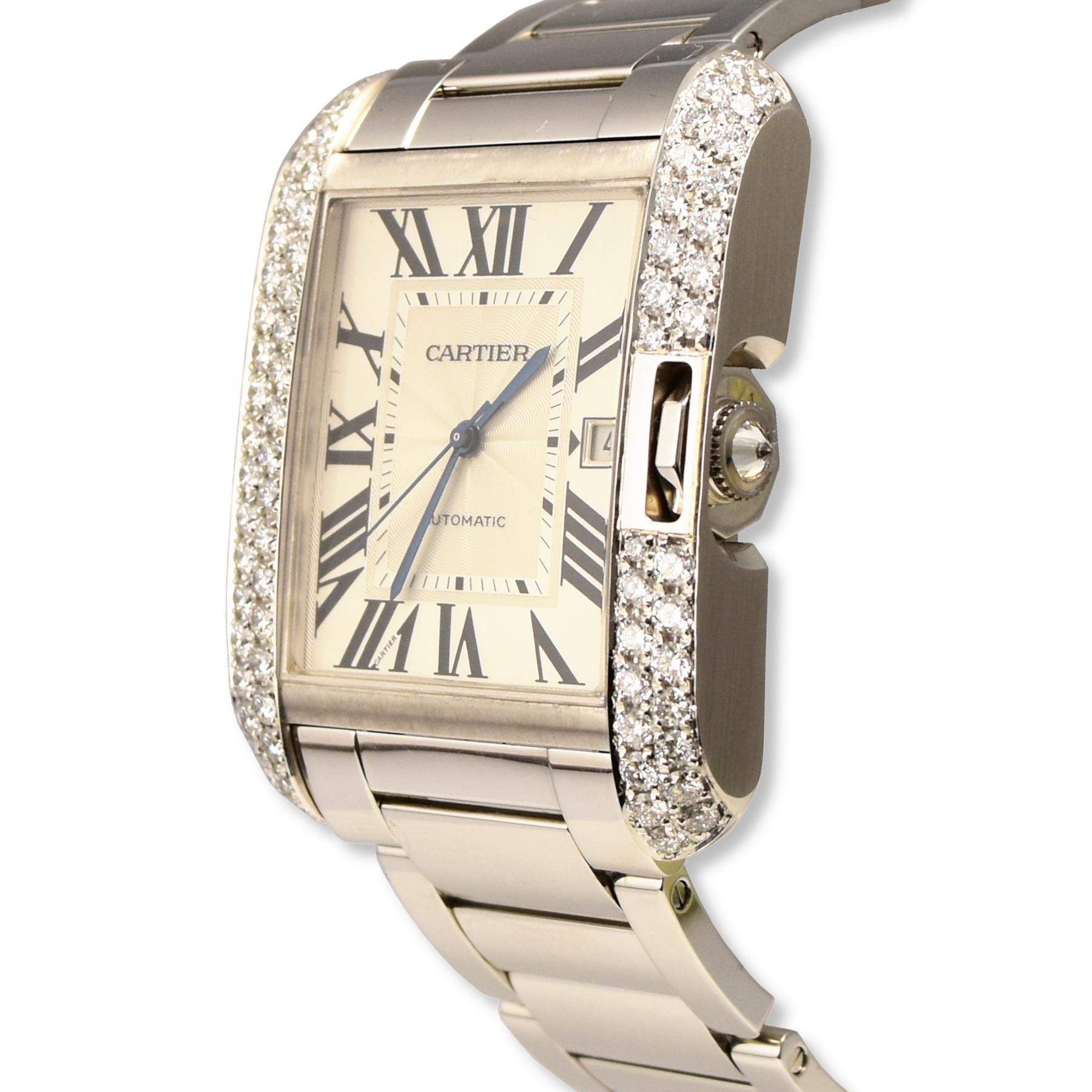 Cartier: 18 Karat Weißgold Uhr Tank Anglaise Ref. 3506 mit Diamant-Lünette im Zustand „Gut“ im Angebot in Miami, FL