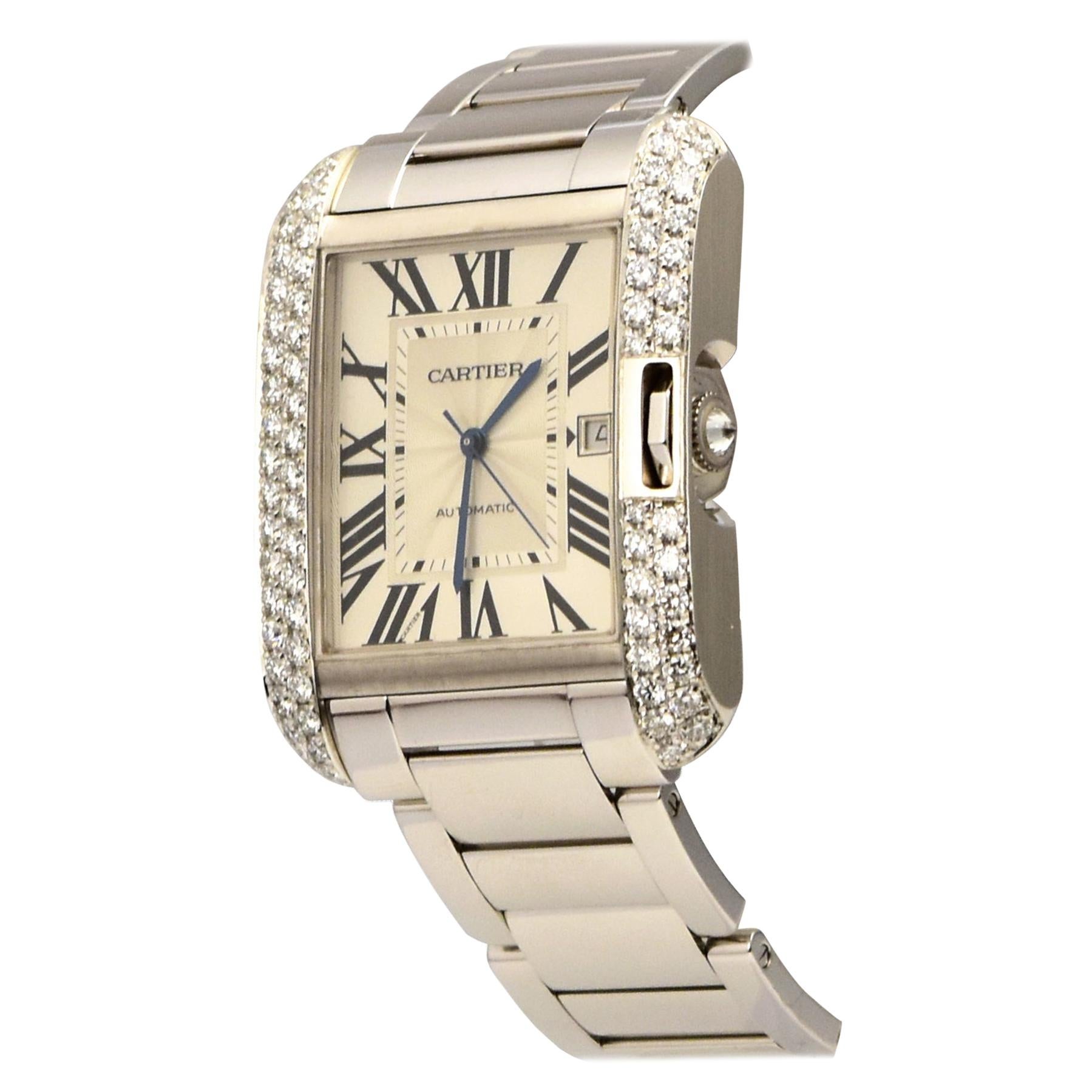 Cartier Tank Anglaise Ref. 3506 18k White Gold Diamond Bezel Watch For Sale