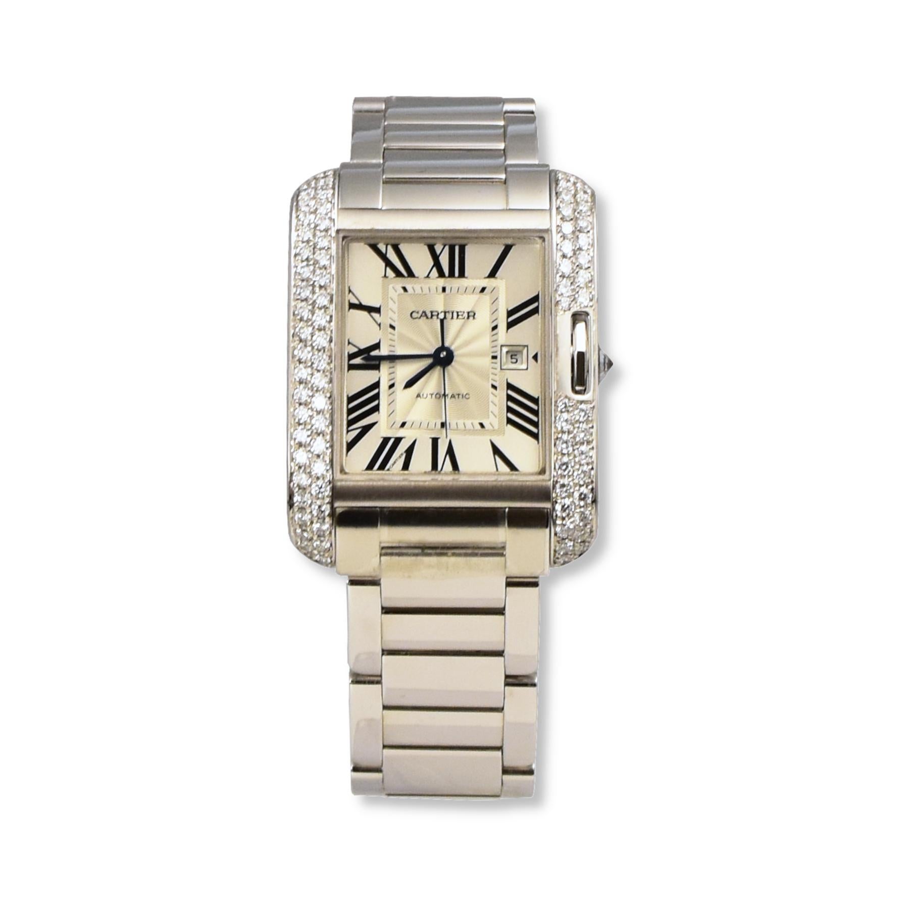 Brand: Cartier
Model: Tank Anglaise 
Movement: Automatic 
Case Size: 30 mm
Stone: Round Cut Diamonds
Dial: Roman Numeral
Case Material: White Gold
Bracelet Material: White Gold
Crystal: Scratch-Resistant Sapphire Glass
Includes: 24 Month Brilliance