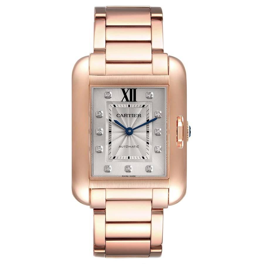 Cartier Tank Anglaise Rose Gold Diamond Ladies Watch WJTA0004. Automatic movement. Rose gold case 30.2 x 22.7mm. Circular grained crown set with the blue spinel cabochon. . Scratch resistant sapphire crystal. Flinque and silvered dial with original