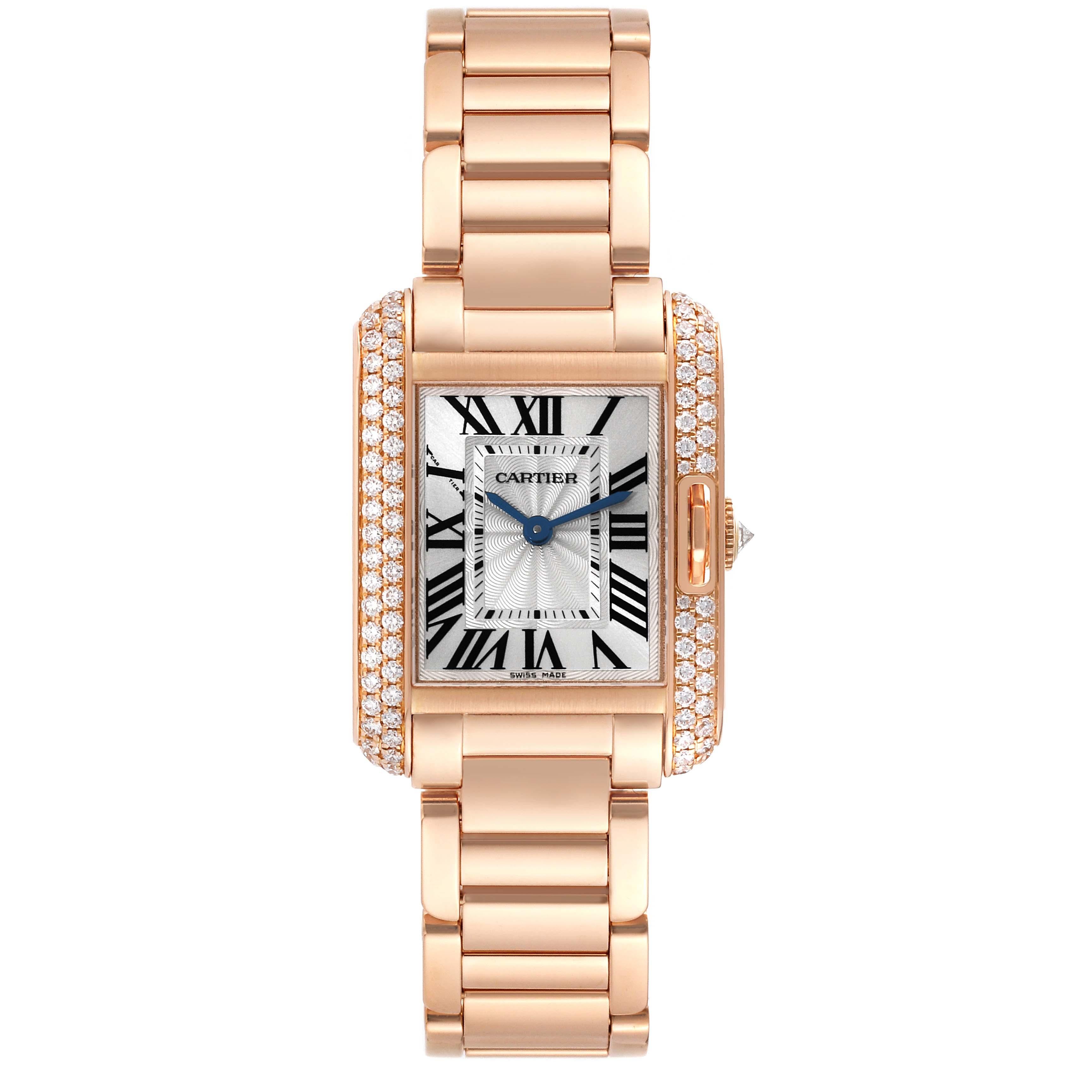 Women's Cartier Tank Anglaise Rose Gold Silver Dial Diamond Ladies Watch WT100002 For Sale