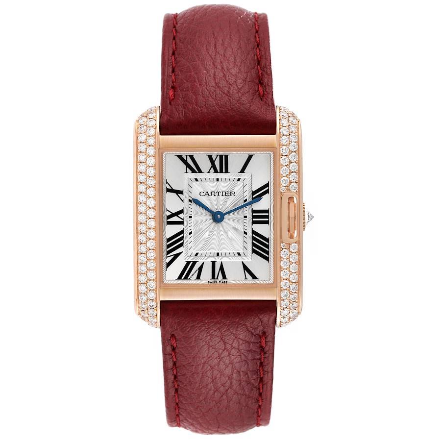 Cartier Tank Anglaise Rose Gold Silver Dial Diamond Ladies Watch WT100029 Card. Quartz movement. 18K rose gold case 34.7mm X 26.2mm with 2 rows of diamond on the sides. Circular grained crown set with the diamond. . Scratch resistant sapphire