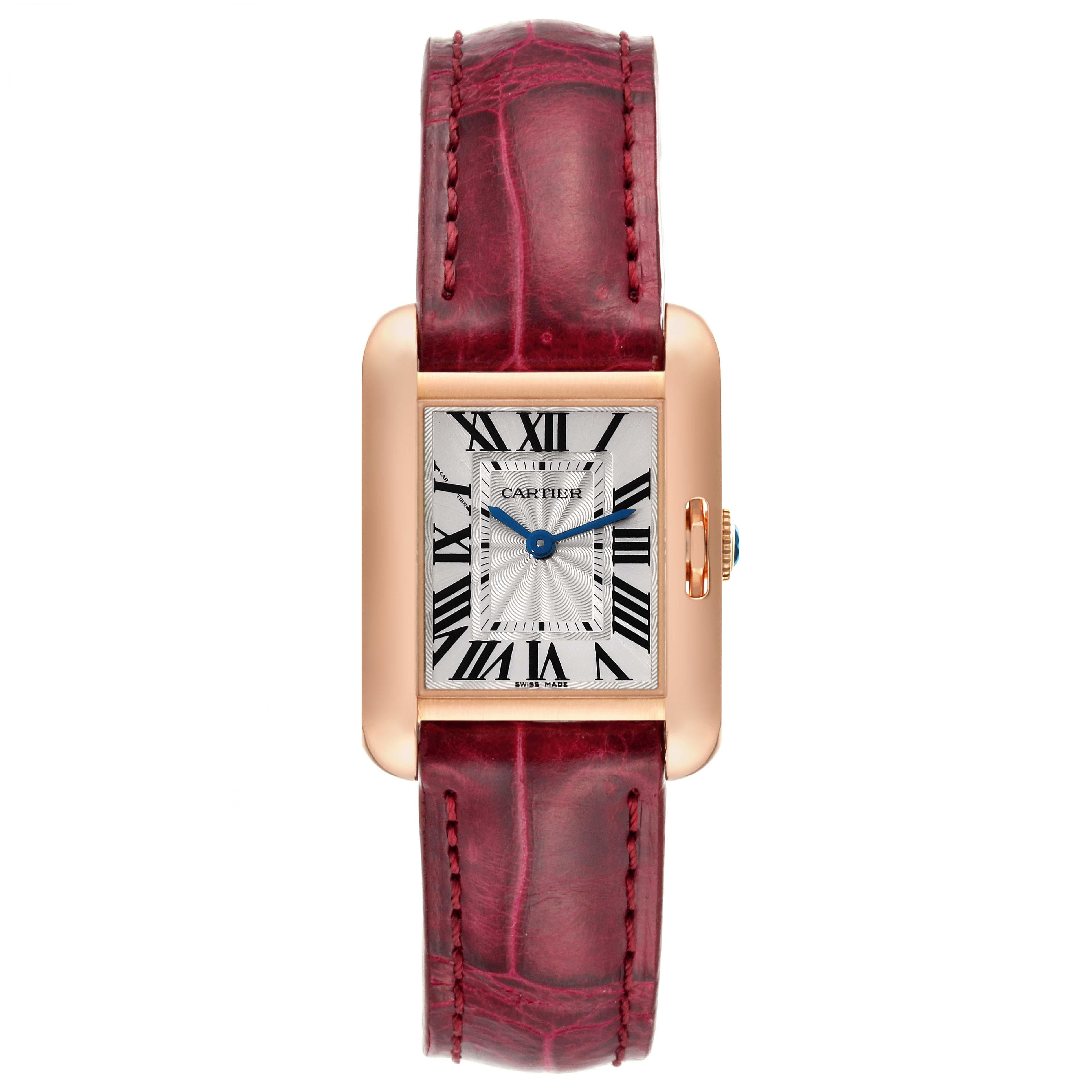 Cartier Tank Anglaise Rose Gold Small Ladies Watch W5310027 Box Papers. Quartz movement. 18K rose gold case 30 x 23 mm. Circular grained crown set with a blue sapphire cabochon. . Scratch resistant sapphire crystal. Flinque silvered dial with Roman