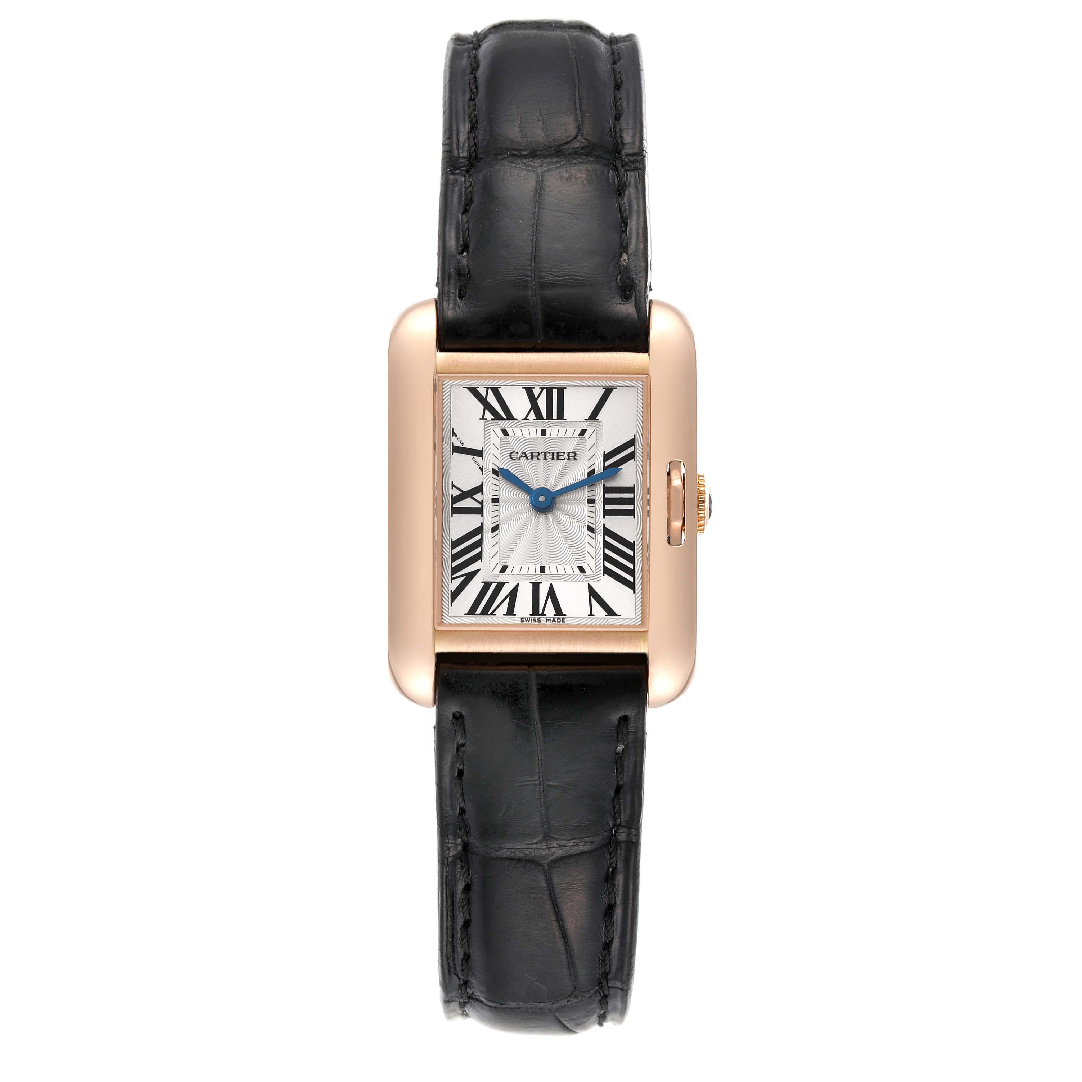 Cartier Tank Anglaise Rose Gold Small Ladies Watch W5310027. Quartz movement. 18K rose gold case 30 x 23 mm. Circular grained crown set with a blue sapphire cabochon. . Scratch resistant sapphire crystal. Flinque silvered dial with Roman numerals.