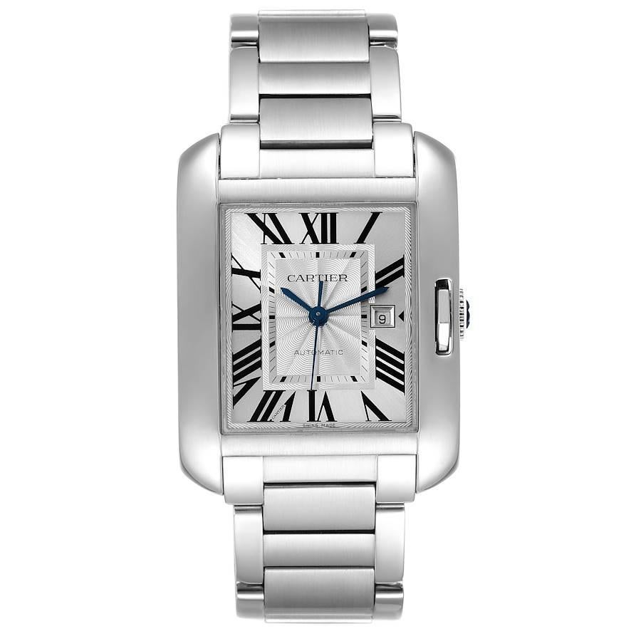 Cartier Tank Anglaise Silver Dial Steel Large Mens Watch W5310009. Automatic self-winding movement. Stainless steel rectangle case 39.2 mm x 29.8 mm. Case thickness: 9.5 mm. Crown set with the faceted blue spinel. . Scratch resistant sapphire