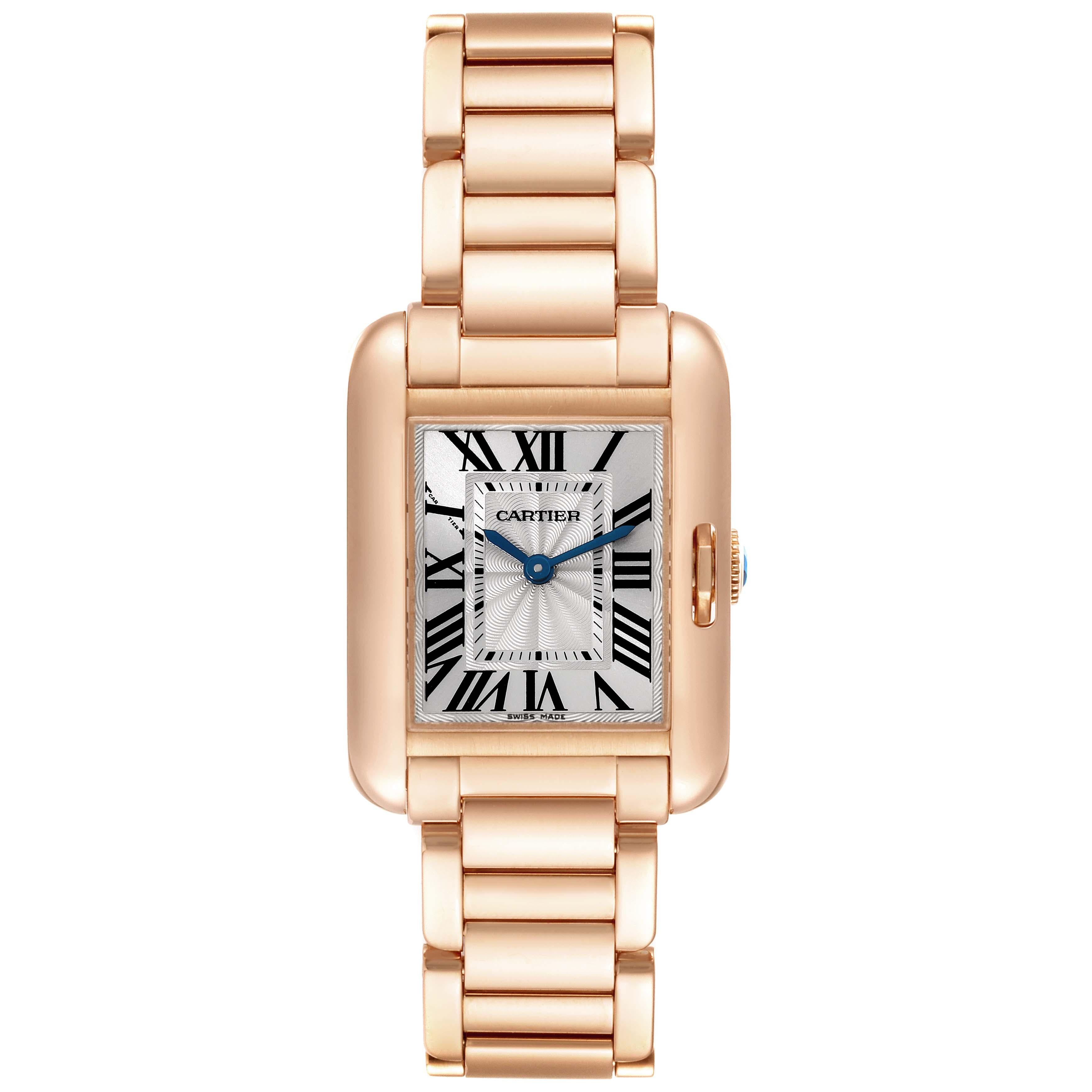 Cartier Tank Anglaise Small Silver Dial Rose Gold Ladies Watch 3580. Quartz movement. 18K rose gold case 30.2 x 22.7 mm. Circular grained crown set with the blue spinel cabochon. . Scratch resistant sapphire crystal. Flinque and silvered dial with