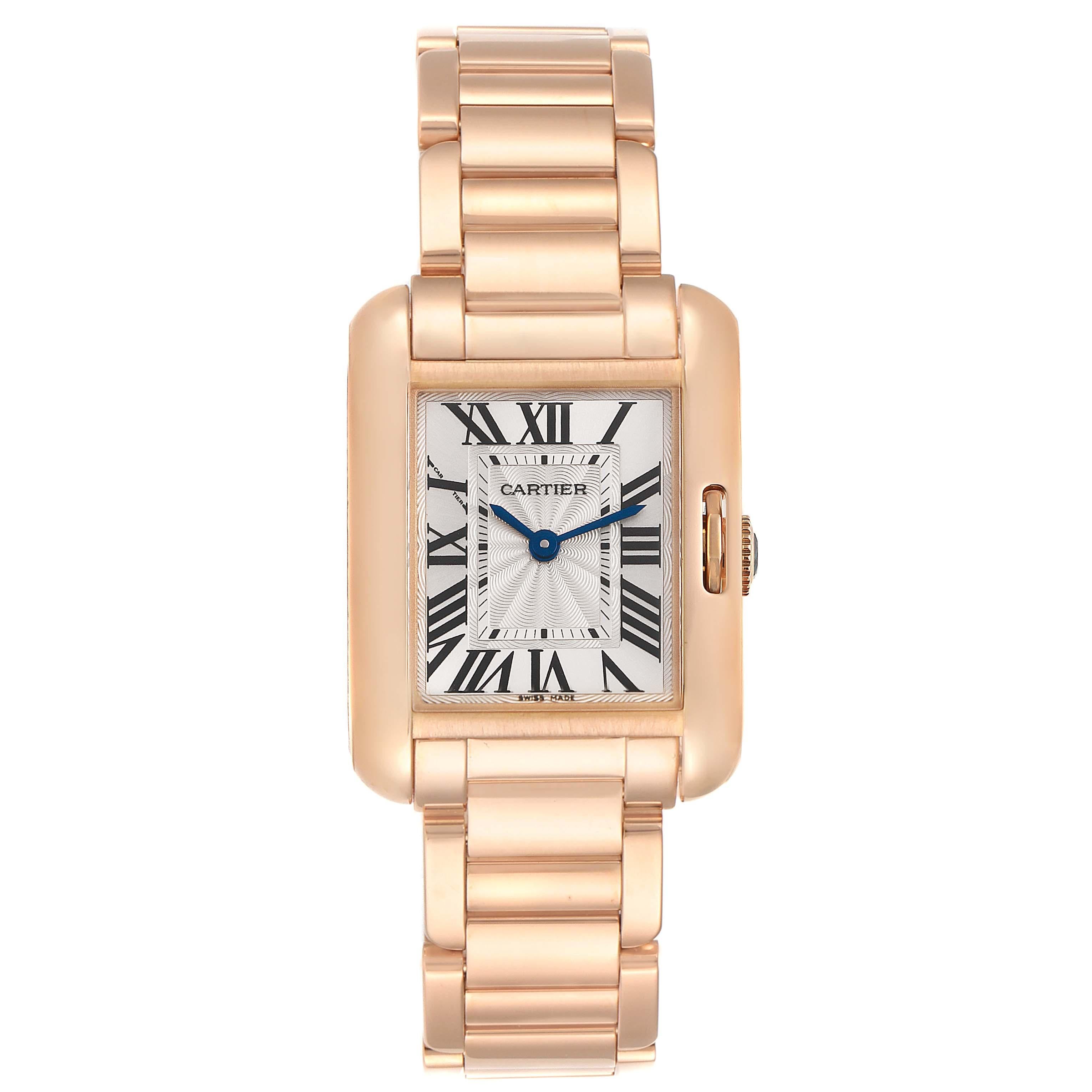 Cartier Tank Anglaise Small Silver Dial Rose Gold Ladies Watch W5310013. Quartz movement. 18K rose gold case 30.2 x 22.7 mm. Circular grained crown set with the blue spinel cabochon. . Scratch resistant sapphire crystal. Flinque and silvered dial