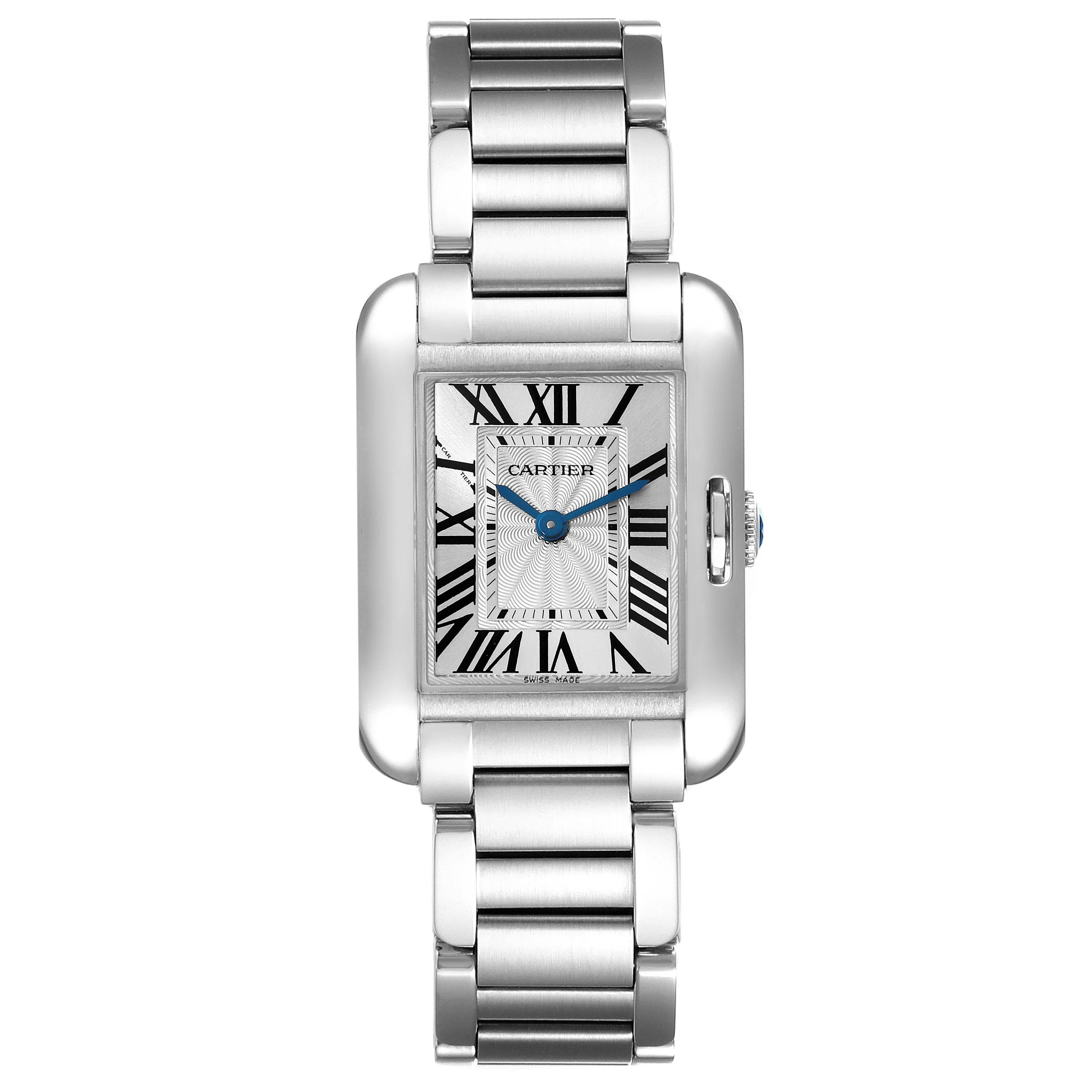 Cartier Tank Anglaise Small Silver Dial Steel Ladies Watch W5310022. Quartz movement. Stainless steel case 30.2 x 22.7 mm. Circular grained crown set with the blue spinel cabochon. . Scratch resistant sapphire crystal. Flinque and silvered dial with