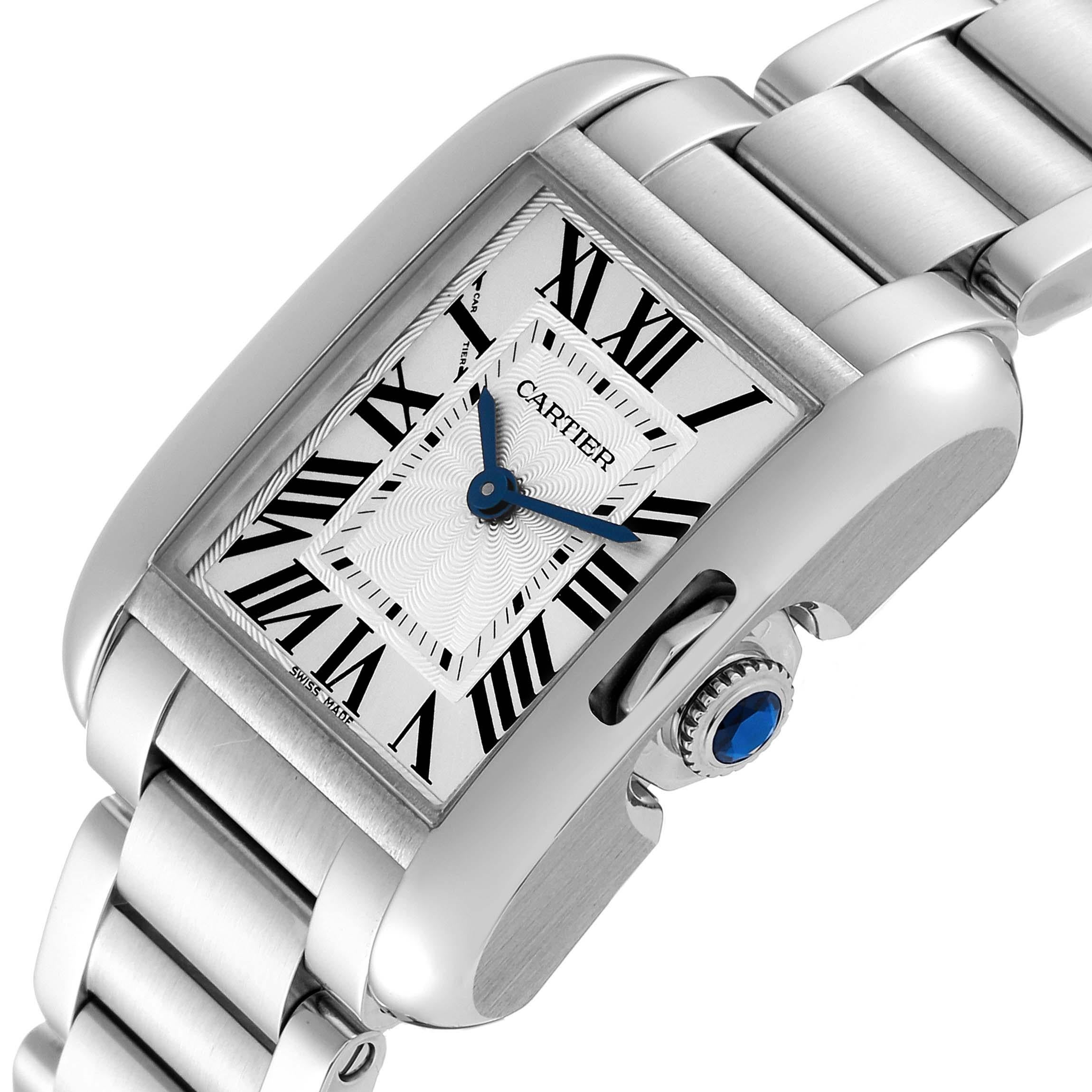 Cartier Tank Anglaise Small Silver Dial Steel Ladies Watch W5310022. Quartz movement. Stainless steel case 30.2 x 22.7 mm. Circular grained crown set with the blue spinel cabochon. . Scratch resistant sapphire crystal. Flinque and silvered dial with