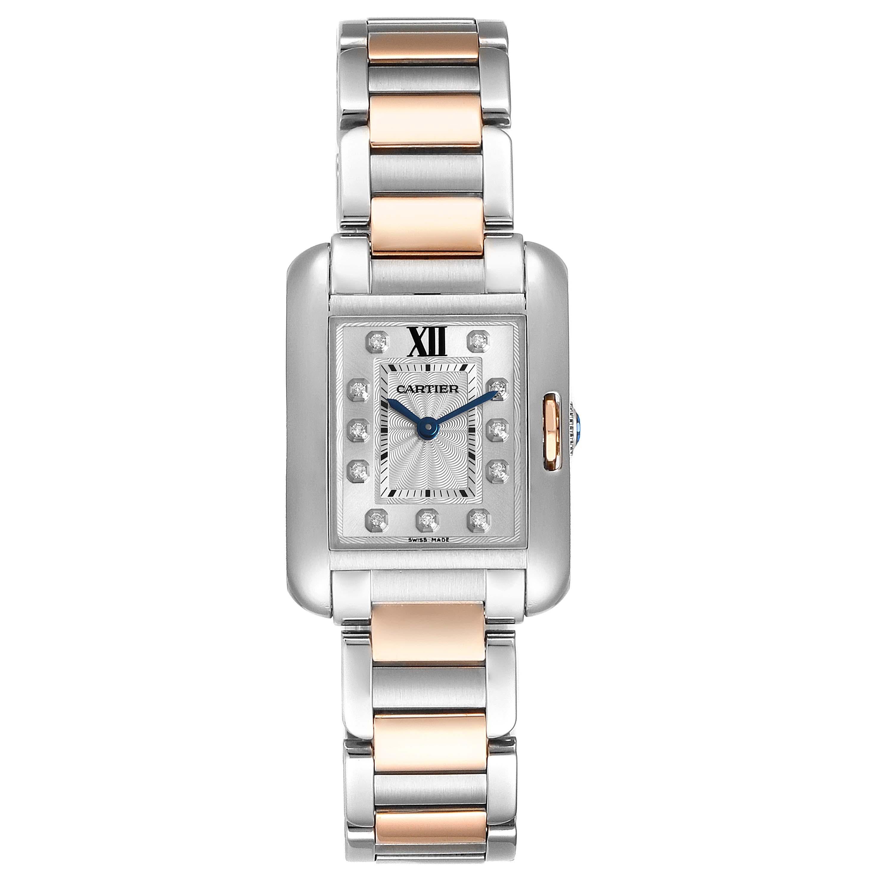 Cartier Tank Anglaise Small Steel 18K Rose Gold Diamond Watch WT100024. Quartz movement. Stainless steel and 18K rose gold case 30.2 x 22.7 mm. Circular grained crown set with the blue spinel. . Scratch resistant sapphire crystal. Flinque and