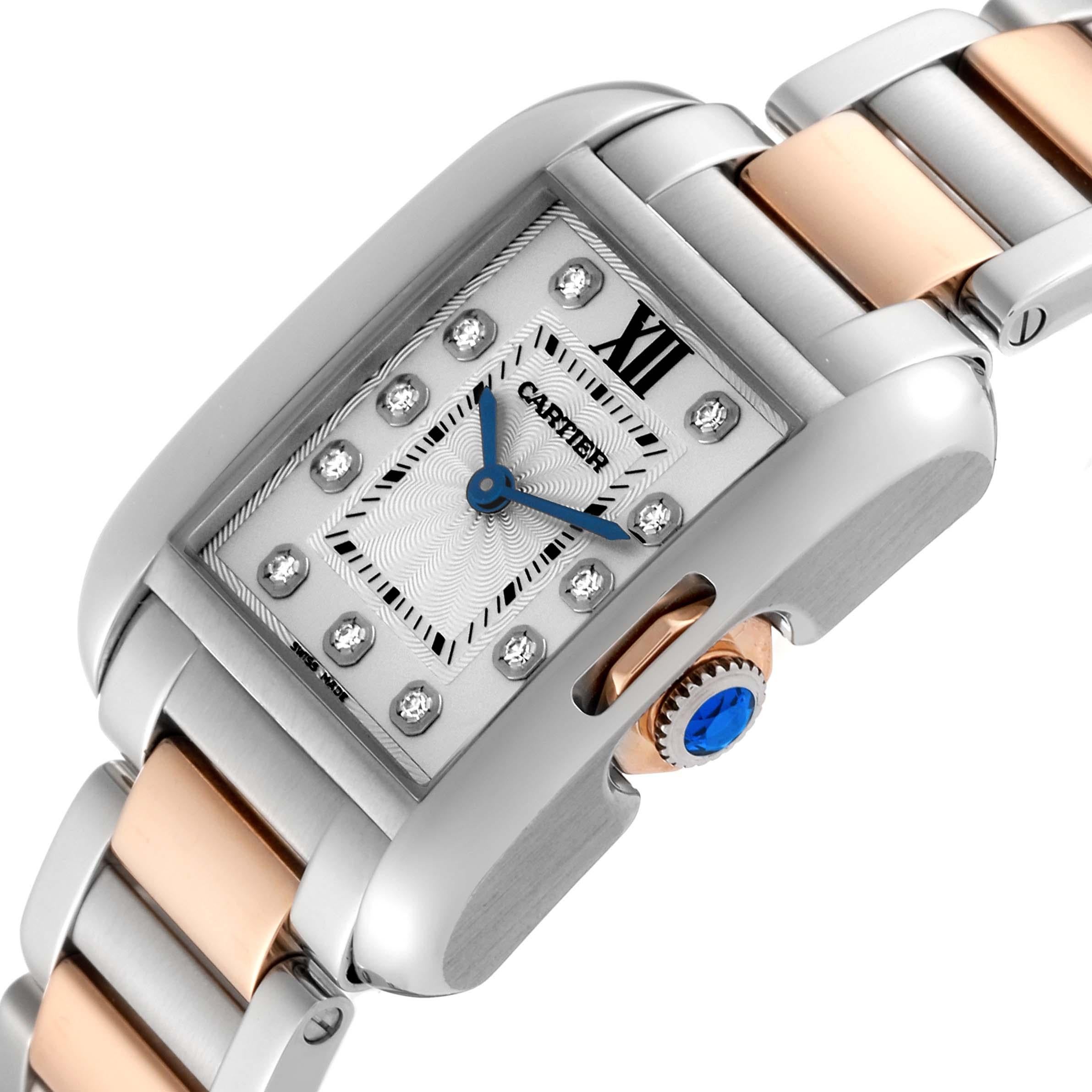 Cartier Tank Anglaise Small Steel Rose Gold Diamond Dial Ladies Watch WT100024. Quartz movement. Stainless steel and 18K rose gold case 30.2 x 22.7 mm. Circular grained crown set with a blue spinel cabochon. . Scratch resistant sapphire crystal.
