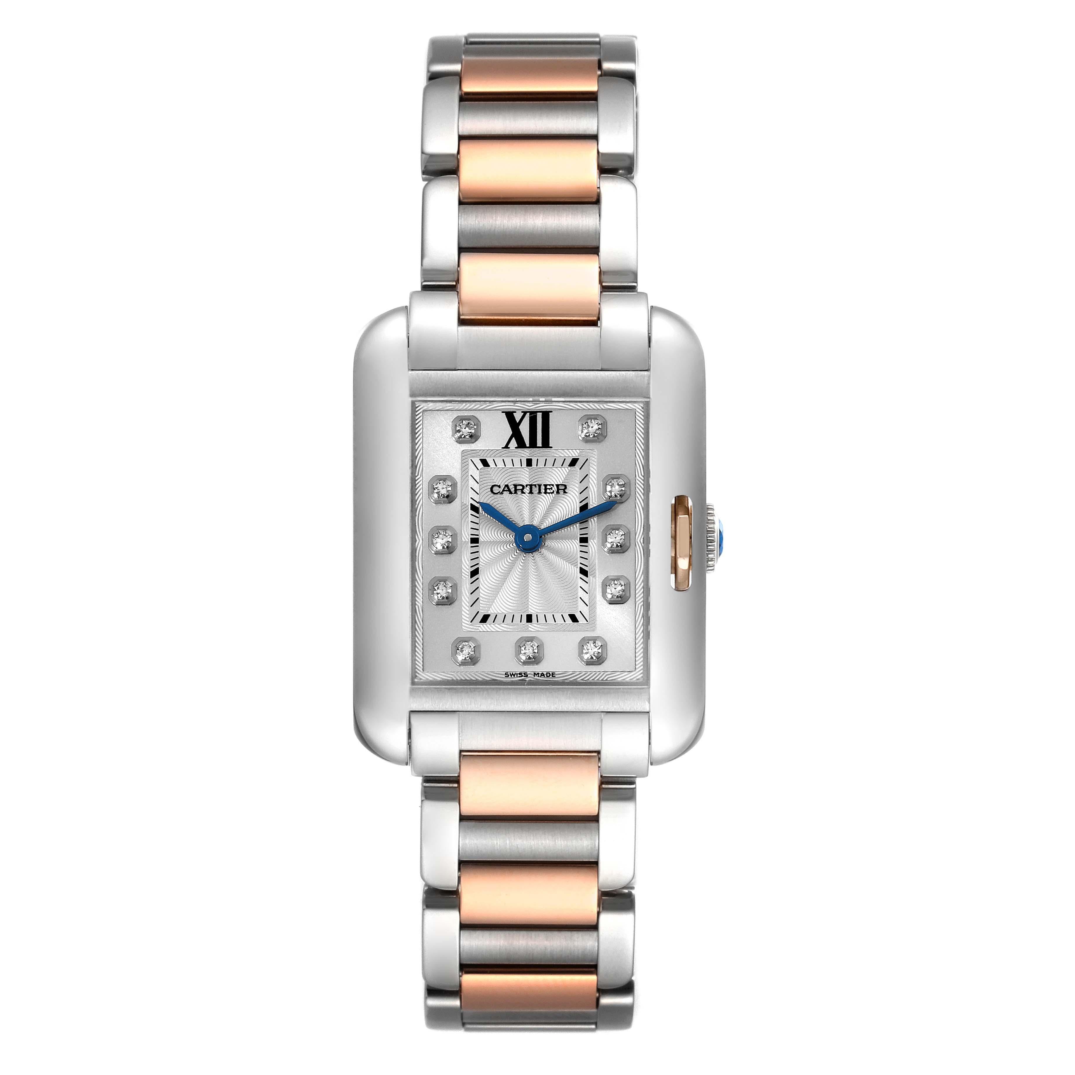 Cartier Tank Anglaise Small Steel Rose Gold Diamond Ladies Watch WT100024. Quartz movement. Stainless steel and 18K rose gold case 30.2 x 22.7 mm. Circular grained crown set with the blue spinel cabochon. . Scratch resistant sapphire crystal.