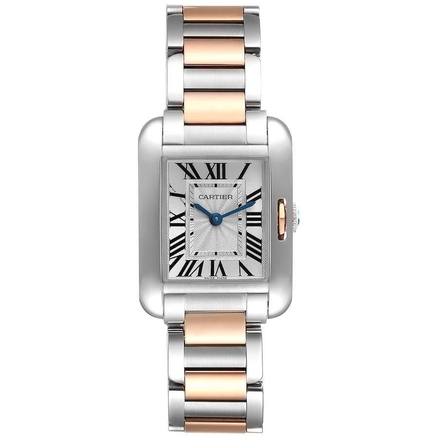 Cartier Tank Anglaise Small Steel Rose Gold Ladies Watch W5310019 Box Papers. Quartz movement. Stainless steel and 18K rose gold case 30.2 x 22.7 mm. Circular grained crown set with the blue spinel. . Scratch resistant sapphire crystal. Flinque