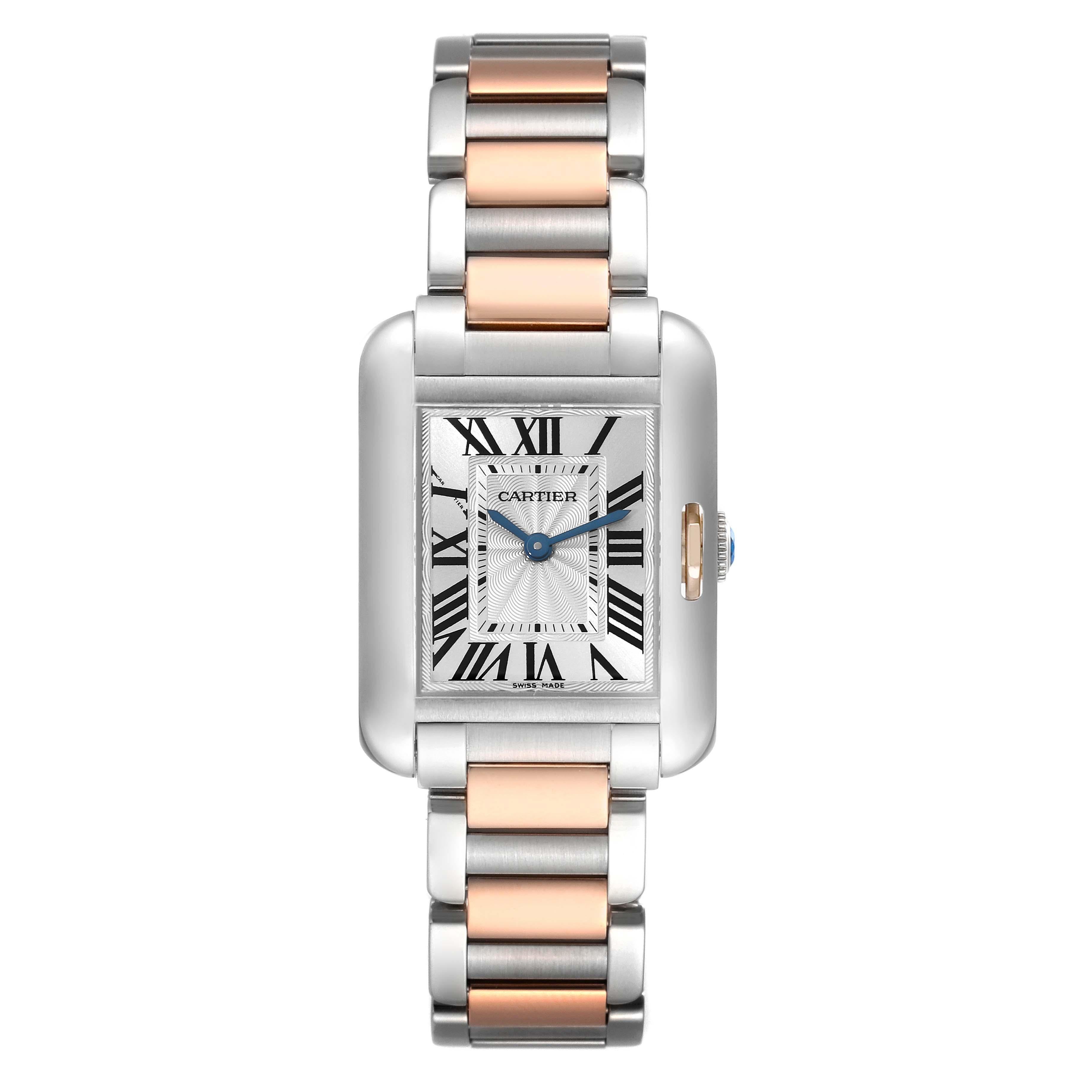 Cartier Tank Anglaise Small Steel Rose Gold Ladies Watch W5310019 Papers. Quartz movement. Stainless steel and 18K rose gold case 30.2 x 22.7 mm. Circular grained crown set with blue spinel. . Scratch resistant sapphire crystal. Flinque silver dial